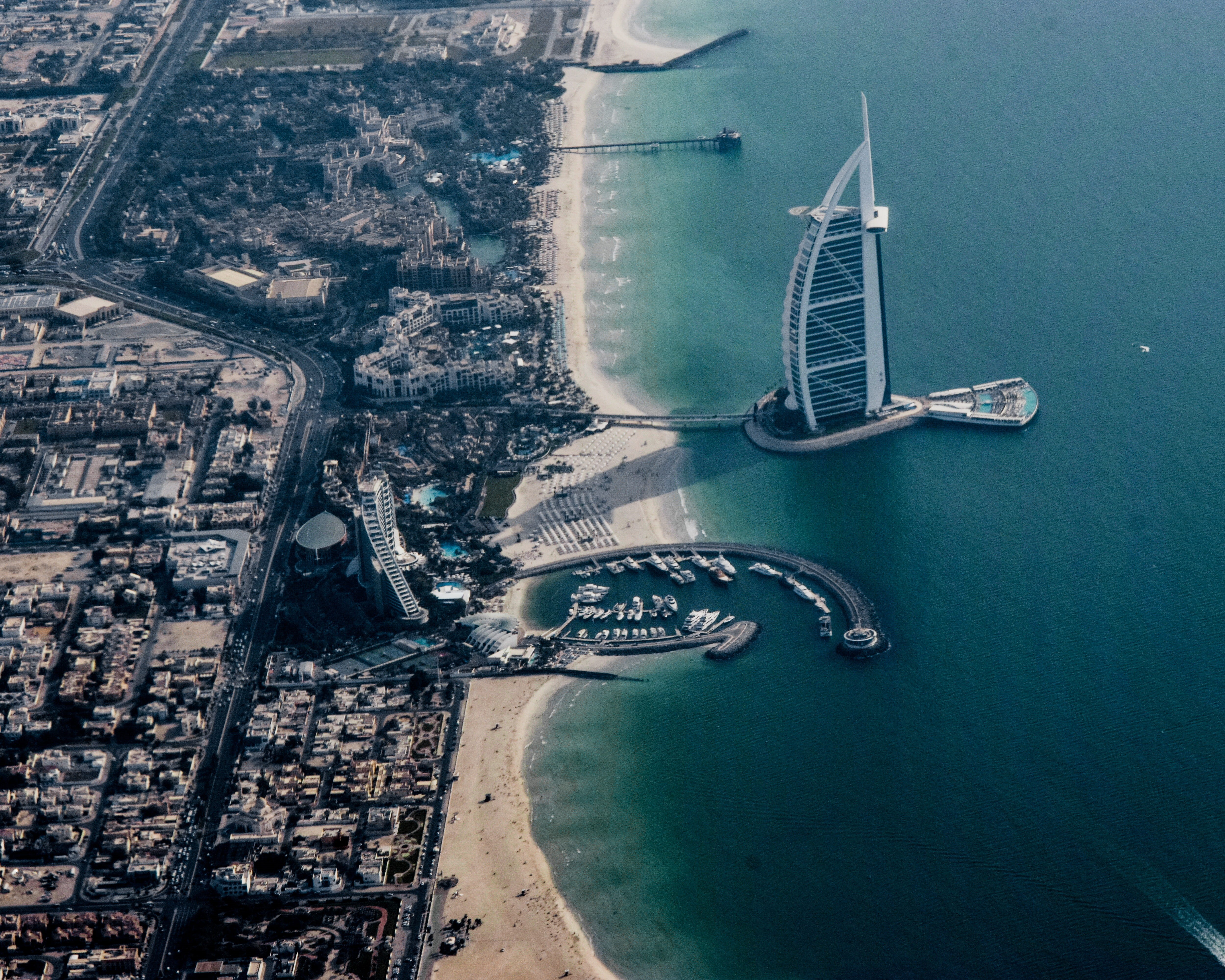photography, architecture, beach, aerial view, travel, day, arab, outdoors, coast, landscape, scenery, 4K, no people, building, nature, mode of transportation, HD Wallpaper