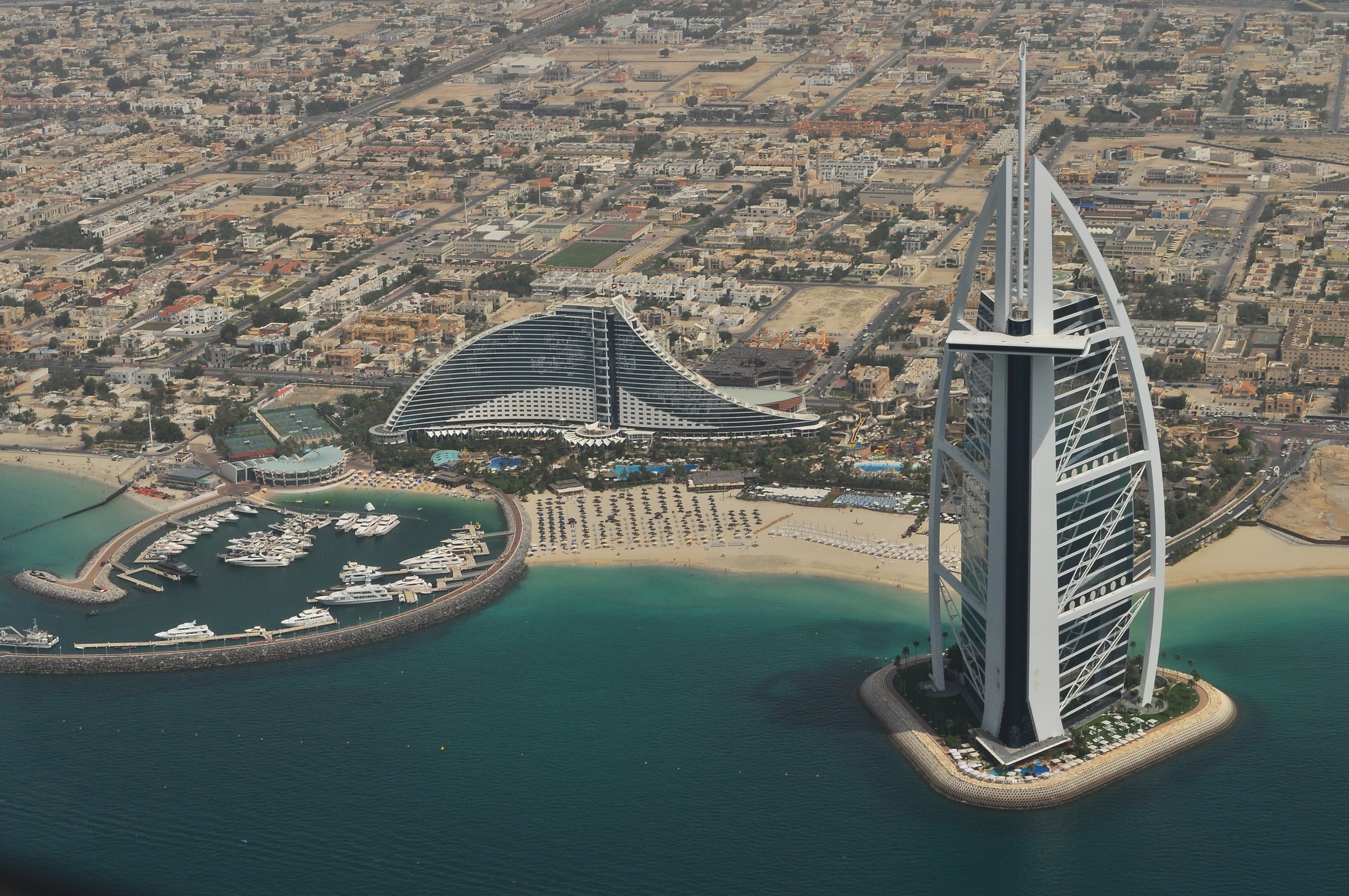 ocean, dubai. desert, burge, photography, architecture, burj, nature, day, skyscrapers, aerial, cityscape, city, bridge - man made structure, building exterior, HD Wallpaper