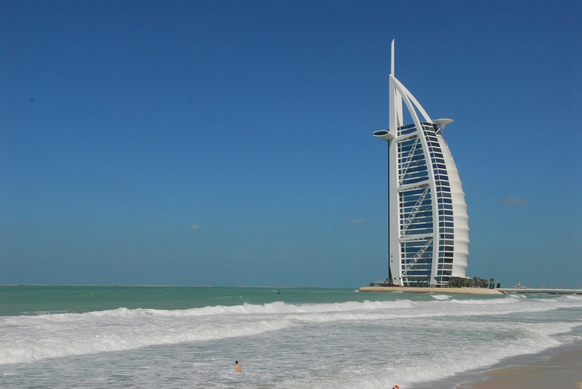 travel, no people, sailboat, horizon, land, blue, outdoors, arab, horizon over water, nature, architecture, skyscraper, beach, dubai, resort, wave, built structure, HD Wallpaper