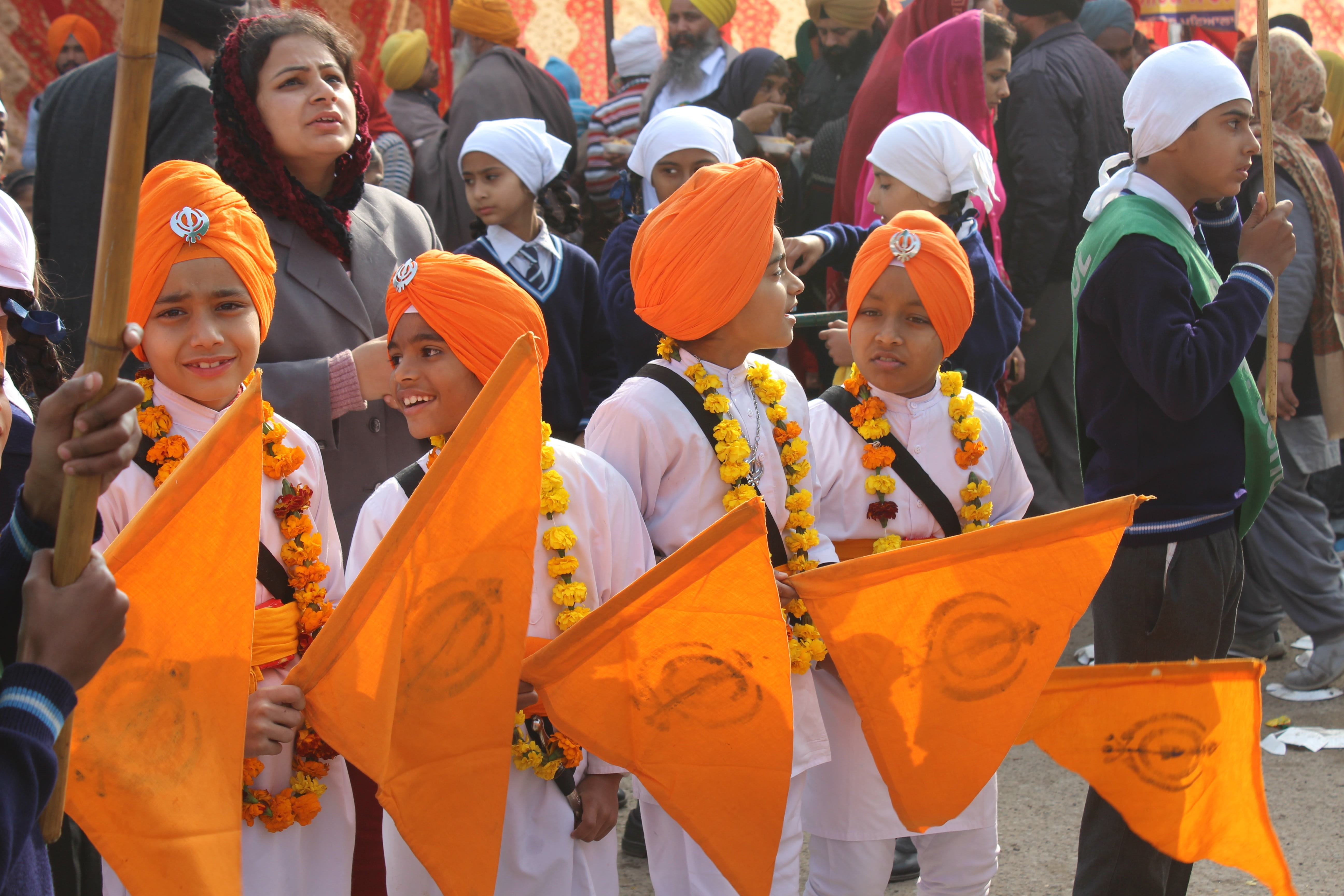 crowd, group of people, women, portrait, orange, occupation, standing, large group of people, leisure activity, punjabi, 5K, religion, traditional clothing, HD Wallpaper