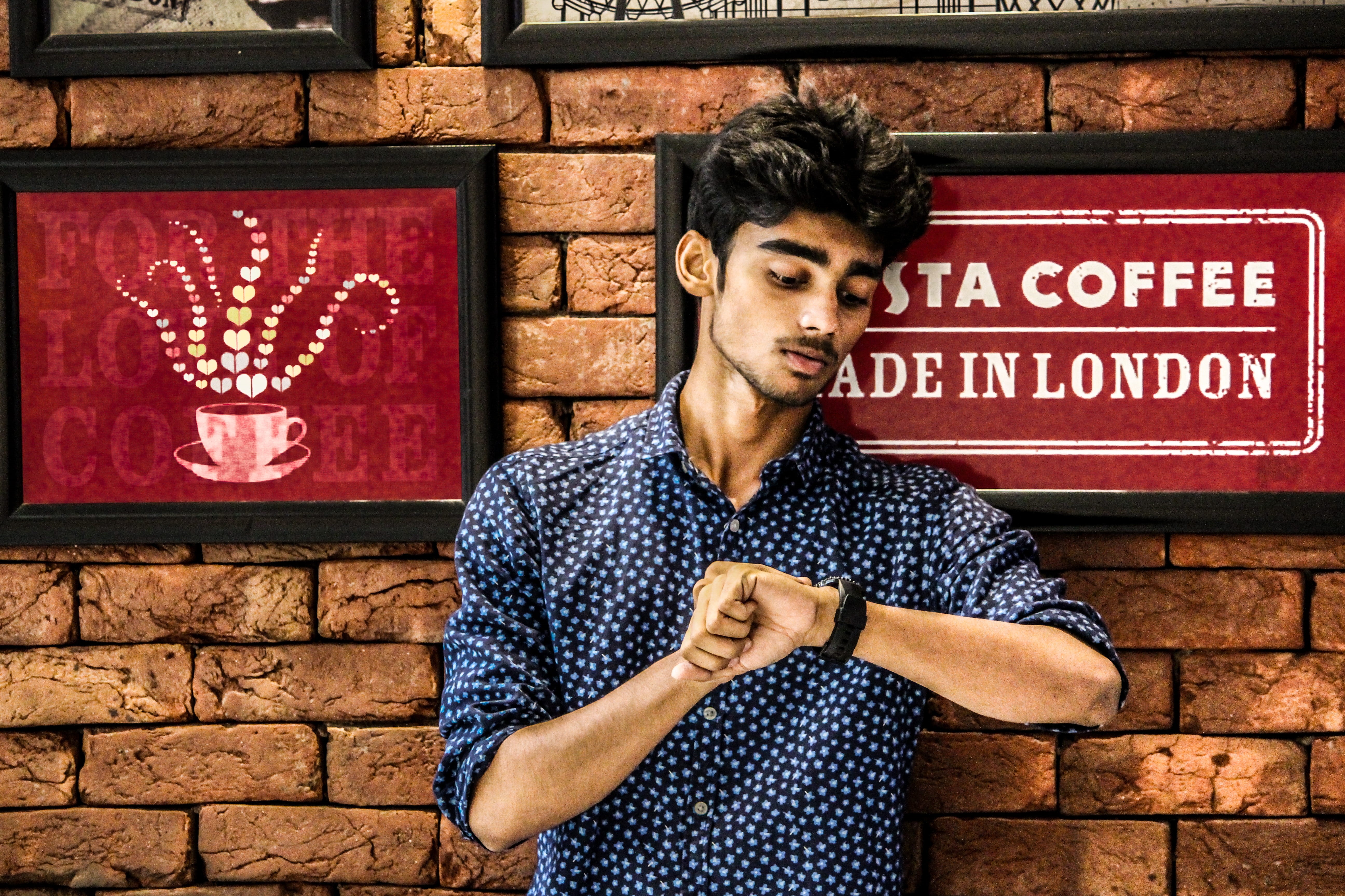 wall, waist up, front view, adult, brick, clothing, looking, costa, portrait, mohali, wall - building feature, text, western script, swag, vr punjab, style, HD Wallpaper