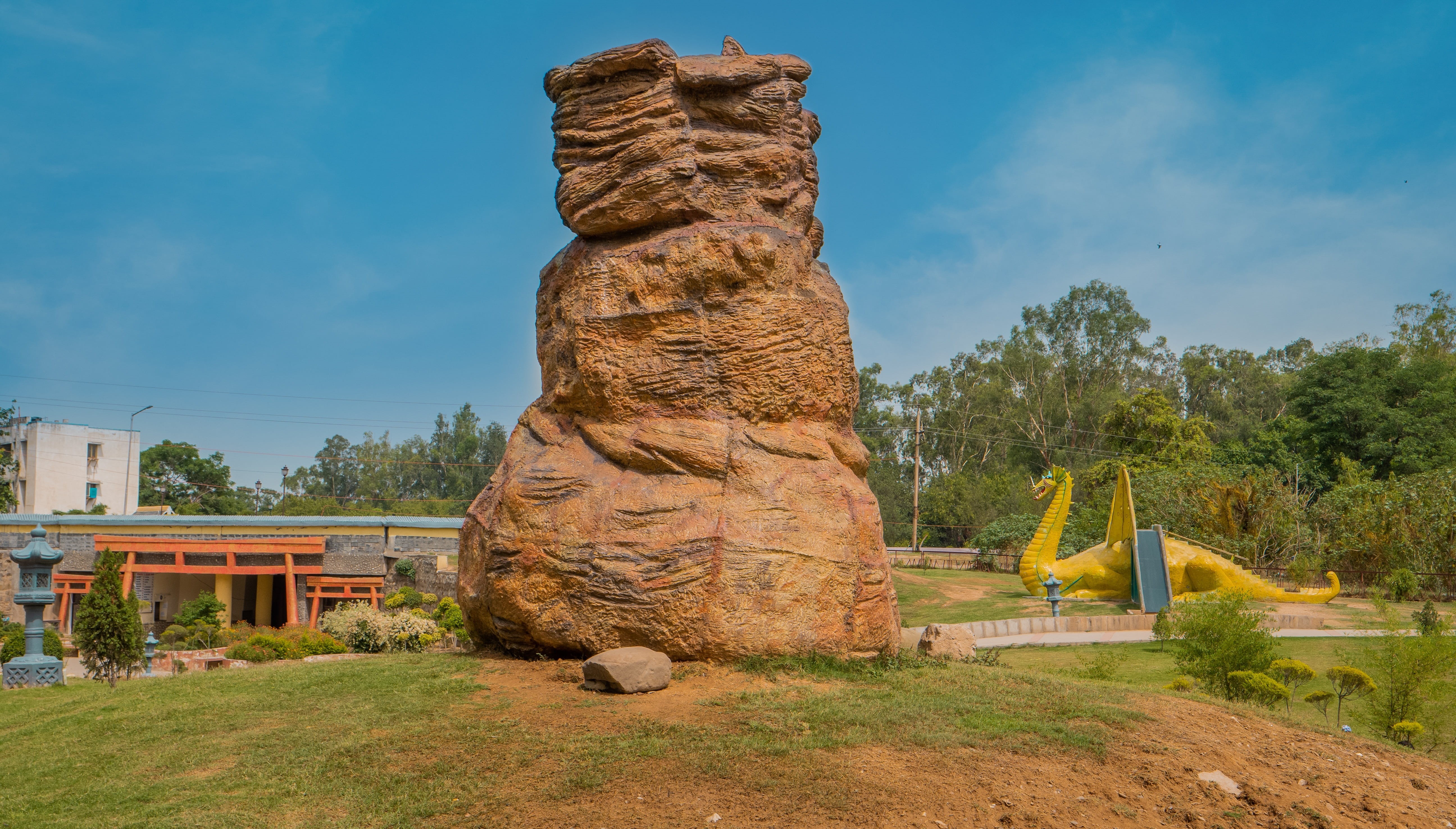 solid, architecture, field, plant, nature, rock, land, season, branch, chandigarh, park, cloud - sky, japanese tower, sculpture, trees, travel, day, japan, HD Wallpaper