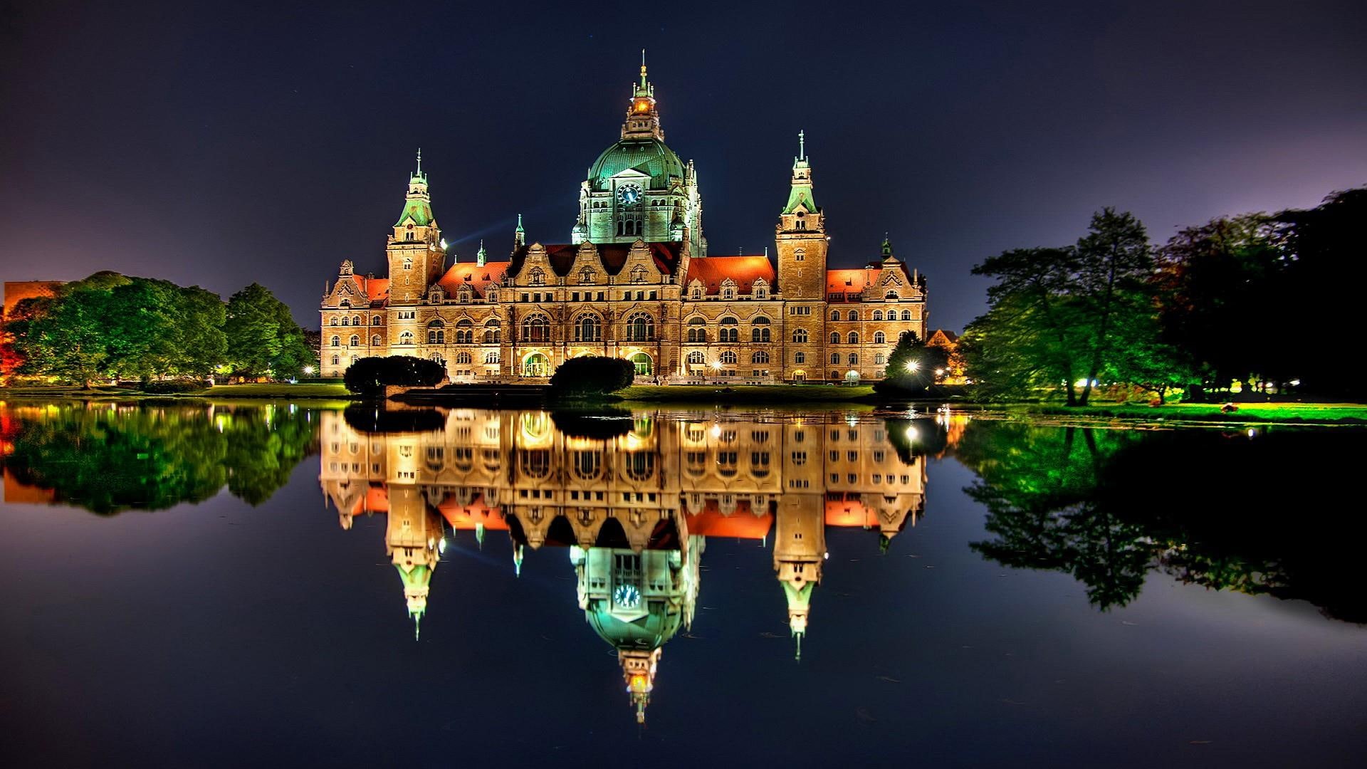 germany, night, mirror, new city hall, hanover, reflection, 1080P, city, night lights, lights, lake, reflected, HD Wallpaper