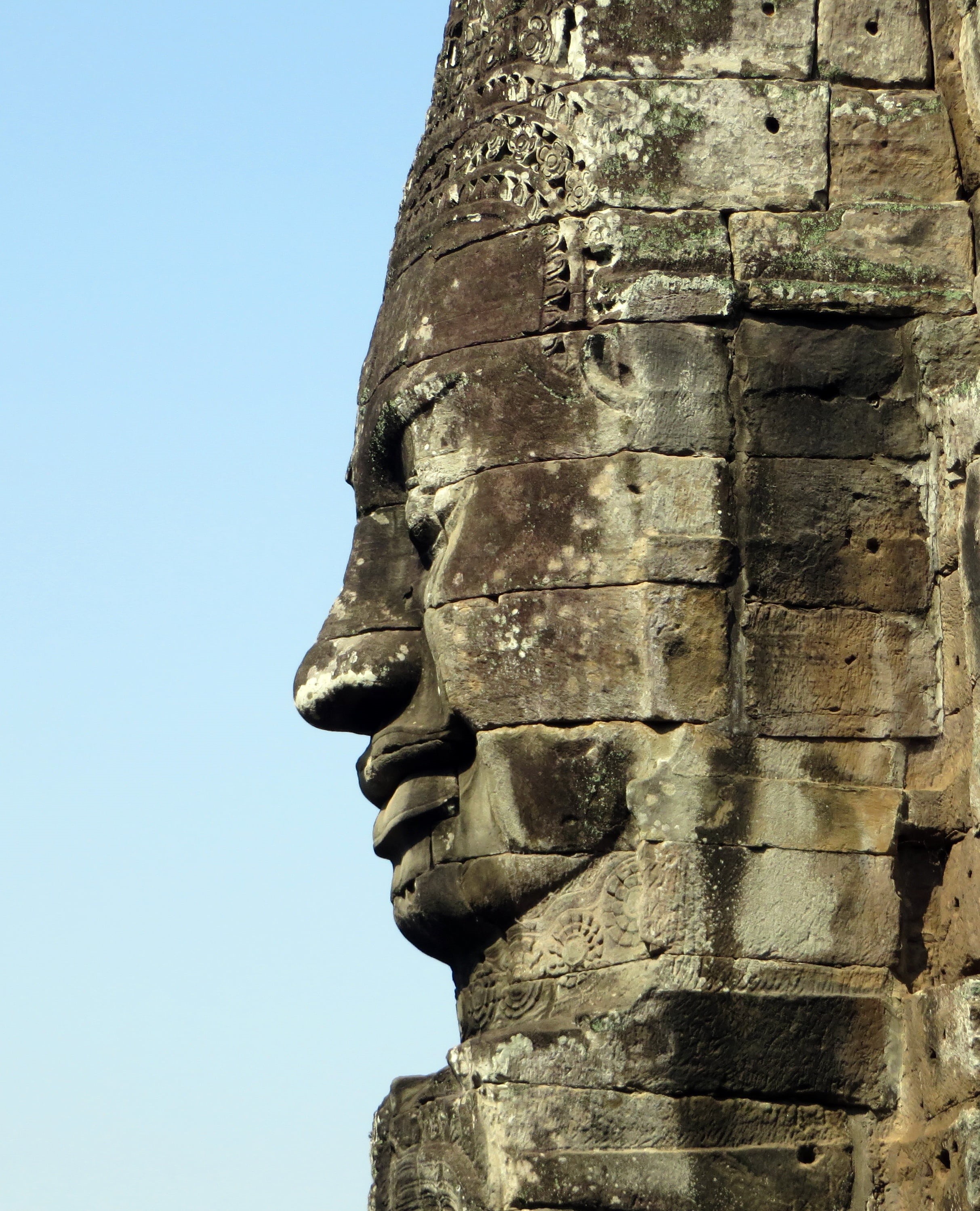 history, spirituality, bayon, sky, temple, pierre, profile, male likeness, place of worship, craft, built structure, no people, statue, religion, 2K, architecture, Phone HD Wallpaper