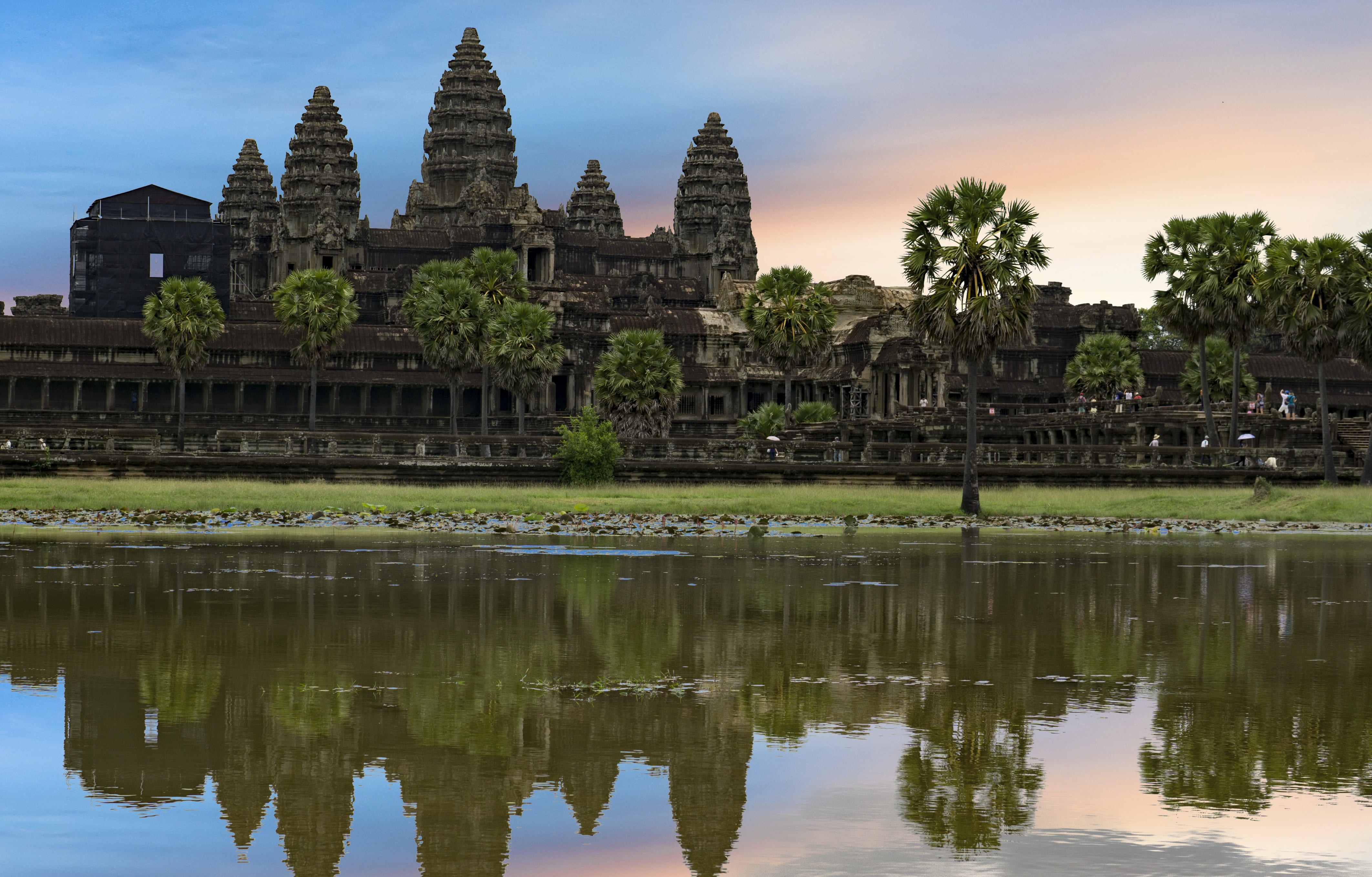 no people, asia, water, palm leaves, cambodia, nature, architecture, antenna beveled, waterfront, siem reap, scenery, gray, concrete, the past, built structure, HD Wallpaper