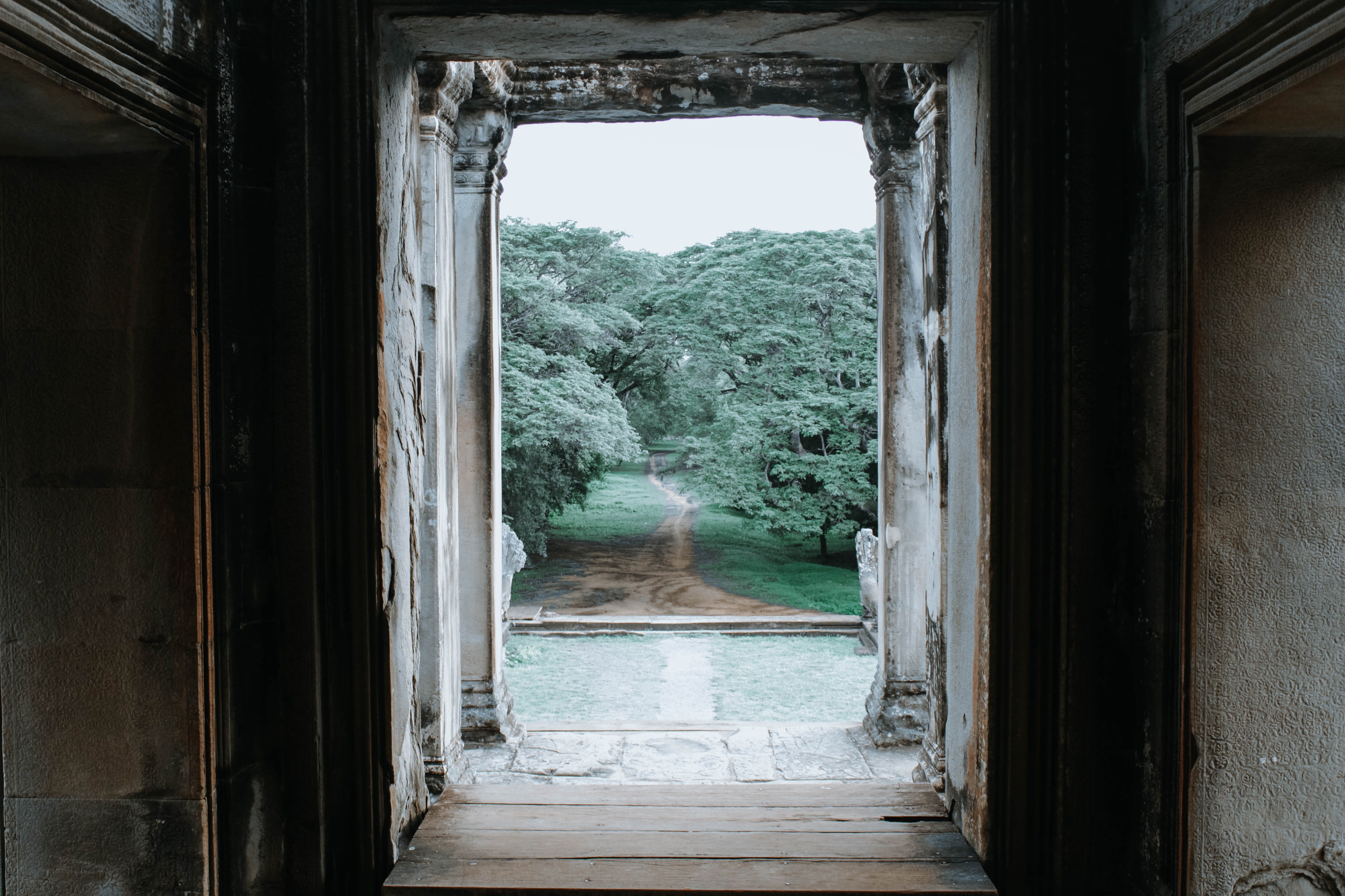 archway, no people, path, angkor wat, open, 5K, building, cambodia, indoors, trees, day, krong siem reap, door, deterioration, doorway, house, temple, HD Wallpaper