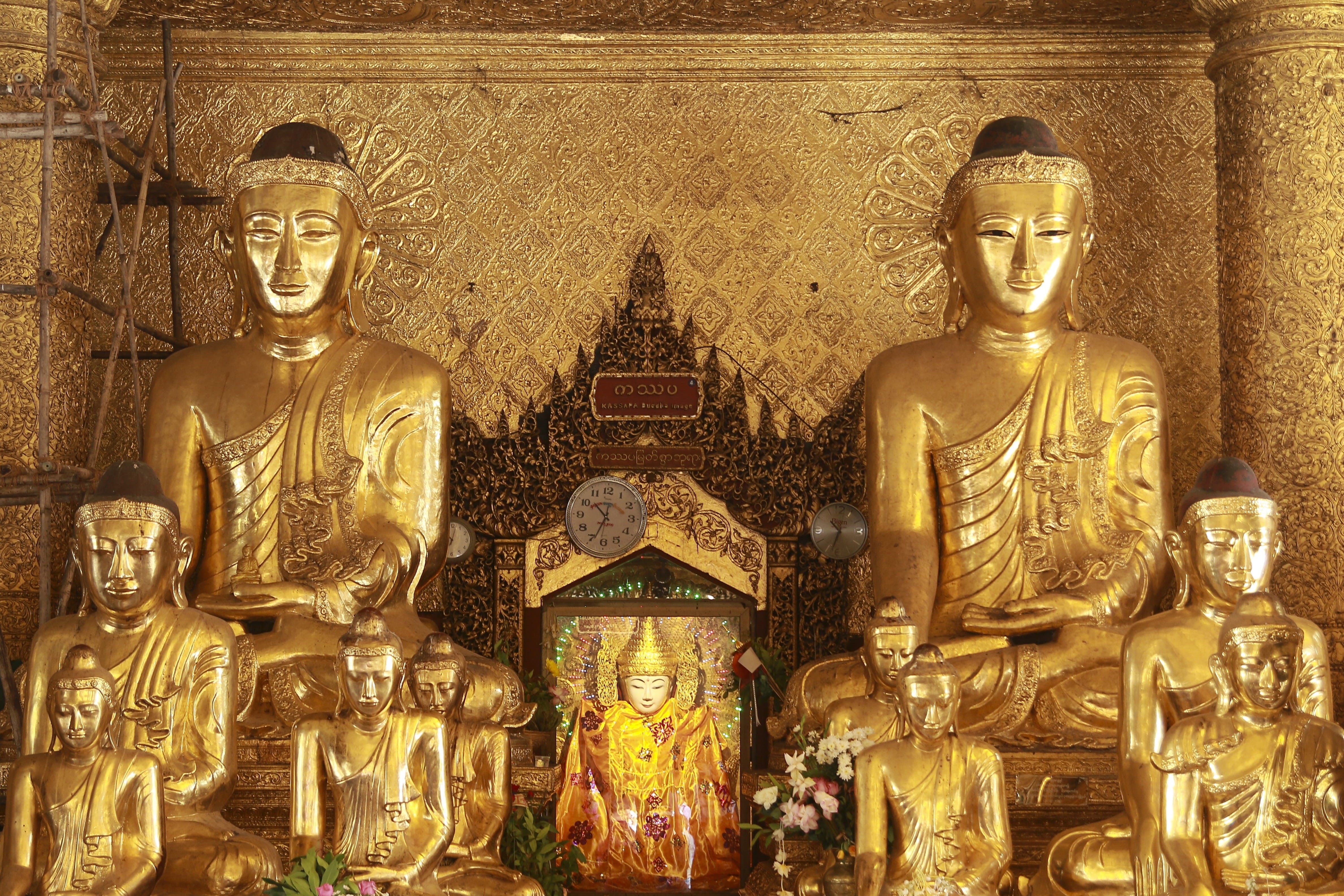 myanmar, male likeness, sculpture, idol, architecture, building, craft, place of worship, religion, pagoda, creativity, shwedagon, spirituality, gilded, HD Wallpaper