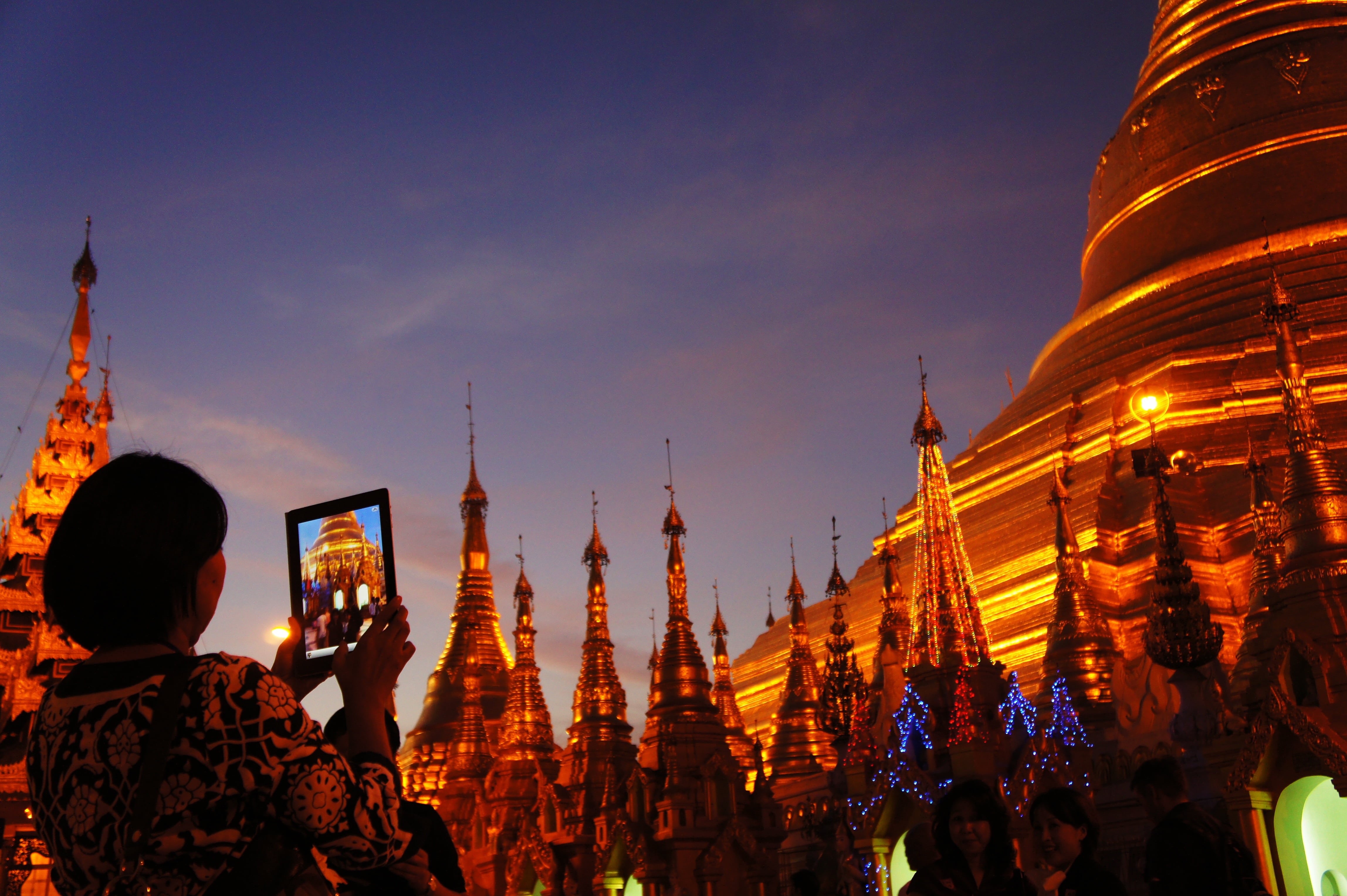 building, shwedagon pagoda, architecture, ipad, 4K, photograph, spire, religion, dusk, night, golden, pagoda, outdoors, spirituality, city, tower, place of worship, HD Wallpaper