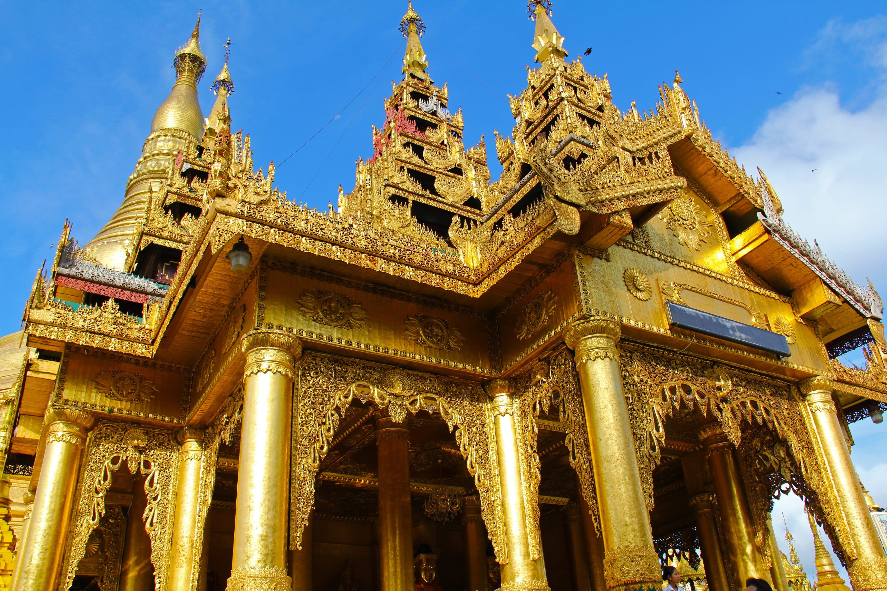 ornate, Popular, local, City, place of worship, tourists, the past, gold colored, 2K, pagoda, prayer, travel destinations, belief, architecture, sky, yangon, HD Wallpaper