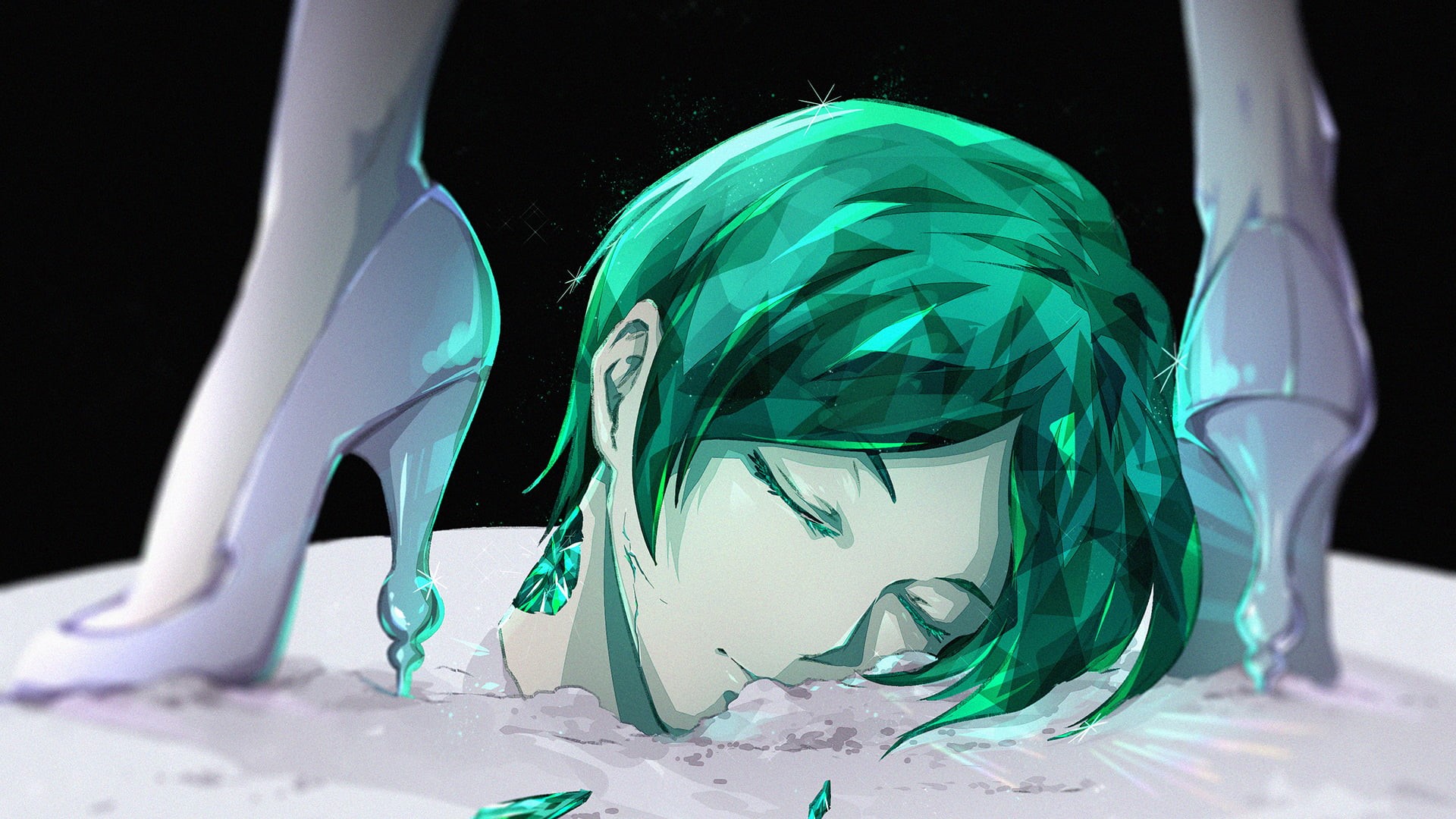 celebration, high heels, fashion, transparent, event, focus on foreground, studio shot, white color, Houseki no kuni , jewels, table, green color, turquoise colored, HD Wallpaper