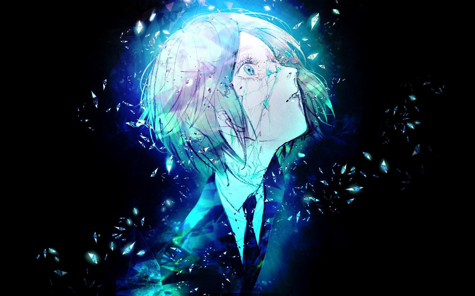 aqua hair, anime girls, face, Houseki no kuni, tie, Phos (Houseki no Kuni), dark, 1080P, black background, anime, HD Wallpaper