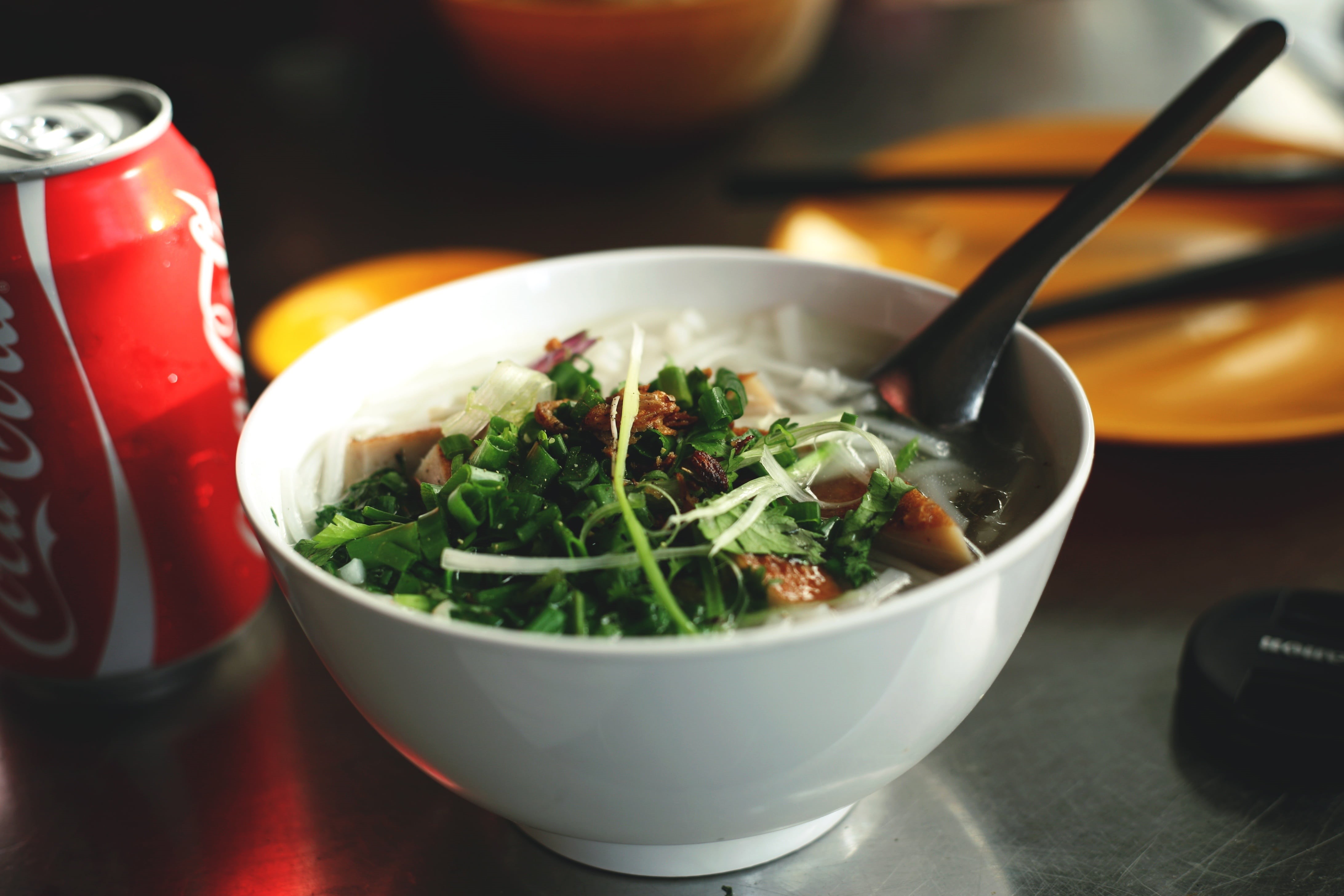 healthy eating, dinner, soda can, ethnic, dish, indoors, crockery, eating, pho, bowl, wellbeing, drink, white, chinese food, eating utensil, garnish, soup, HD Wallpaper