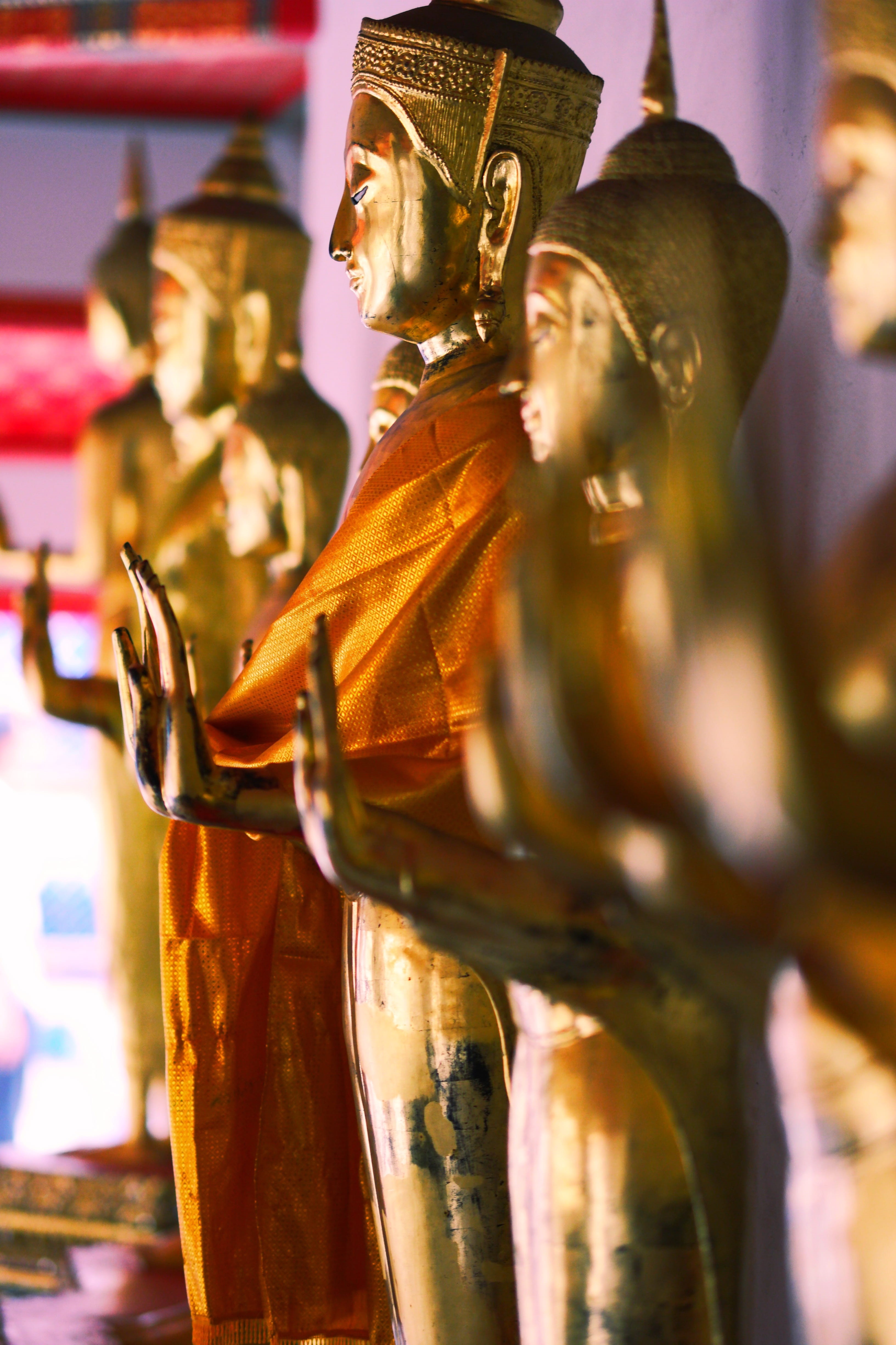 bangkok, thailand, blessing, building, segen, gold colored, statues, art and craft, male likeness, human representation, tempel, idol, buddhas, no people, Phone HD Wallpaper