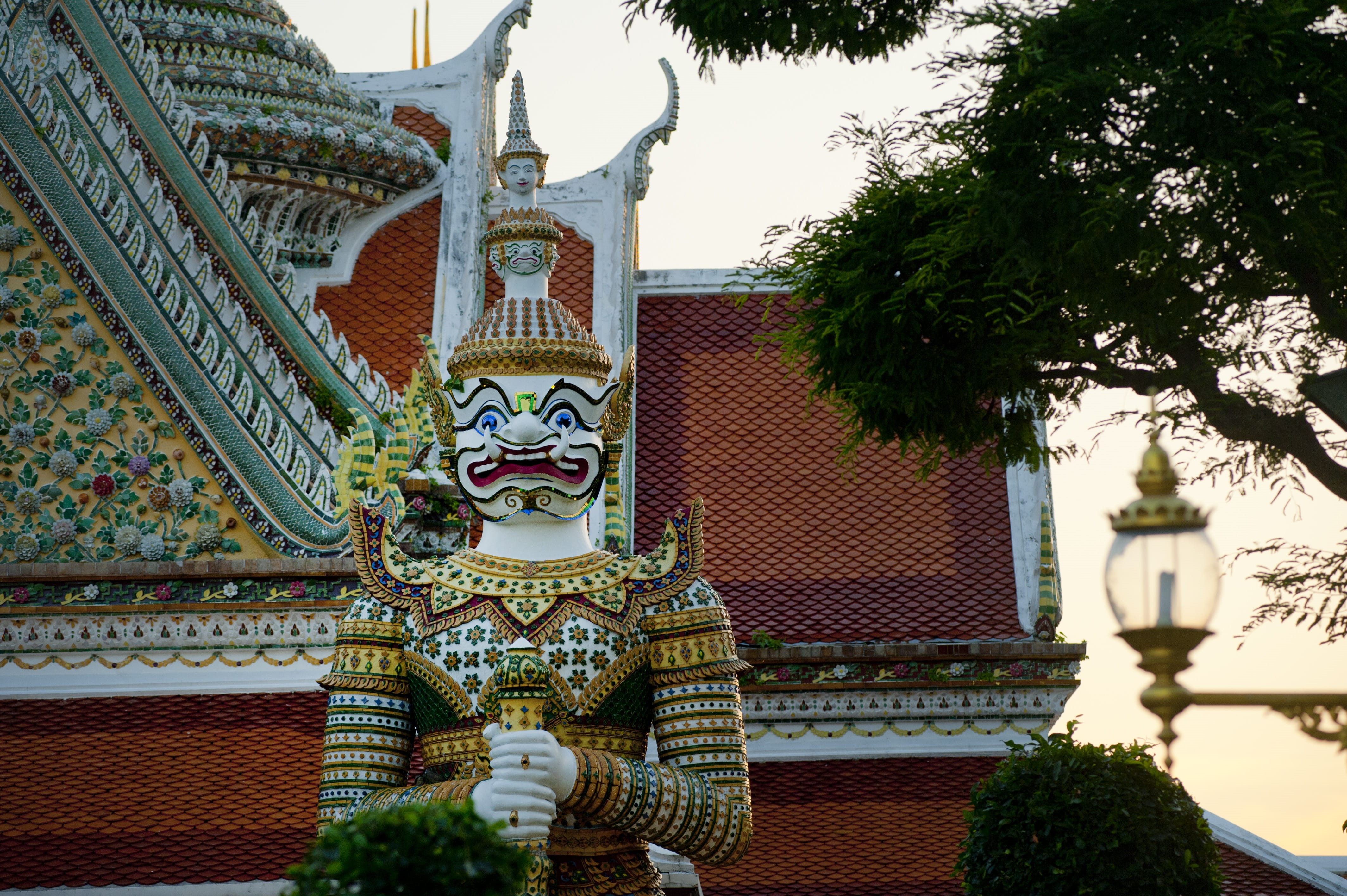 belief, architecture, religion, art and craft, creativity, spirituality, Bangkok, building, representation, thailand, warrior, gold, castle, low angle view, HD Wallpaper