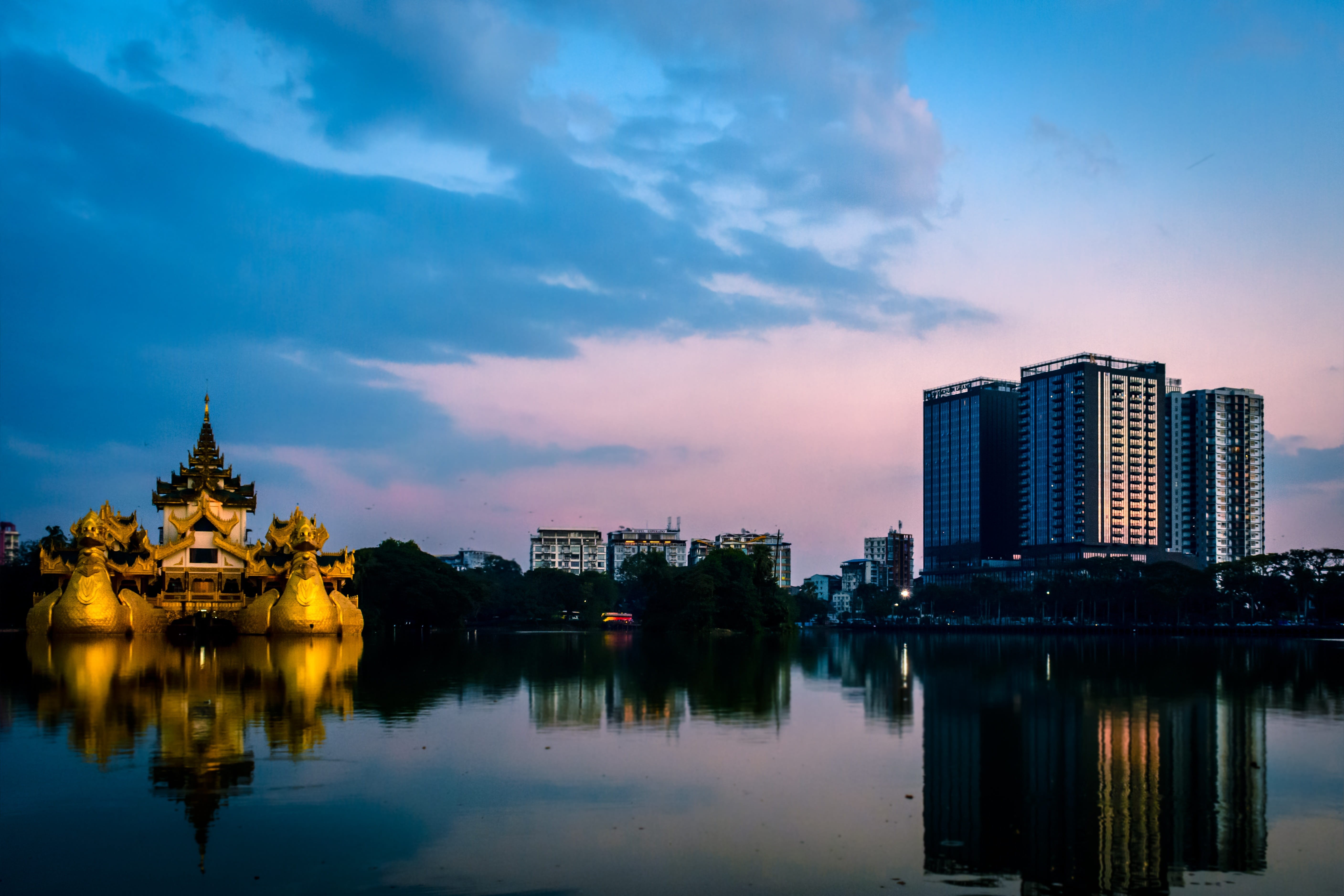 downtown, skyscraper, travel destinations, sunset, cityscape, religion, city, myanmar, nature, sky, reflection, spirituality, water, building, architecture, HD Wallpaper