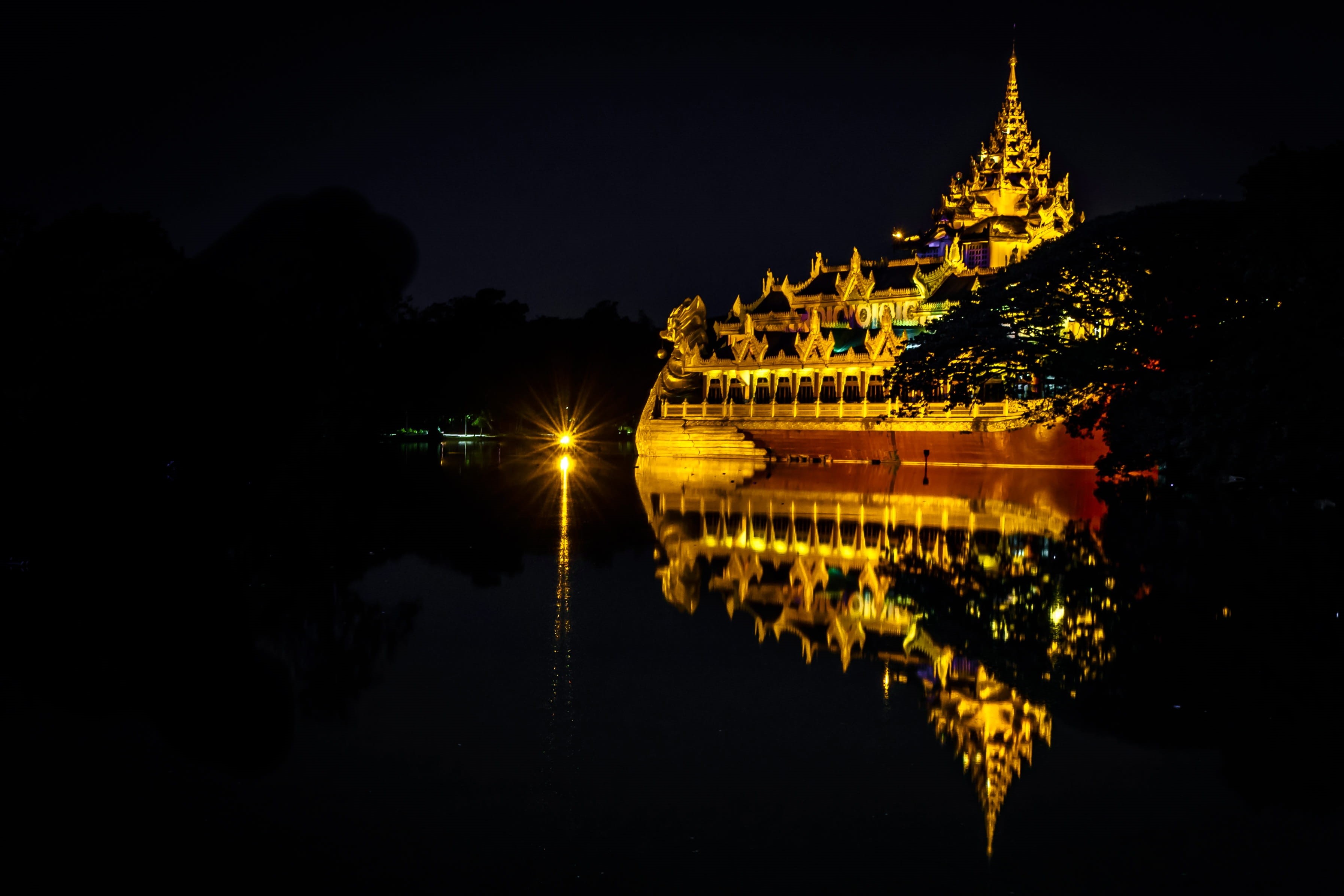 architecture, building, no people, reflection, night, 2K, belief, water, downtown, illuminated, silhouette, religion, outdoors, myanmar, sky, nature, yangon, HD Wallpaper