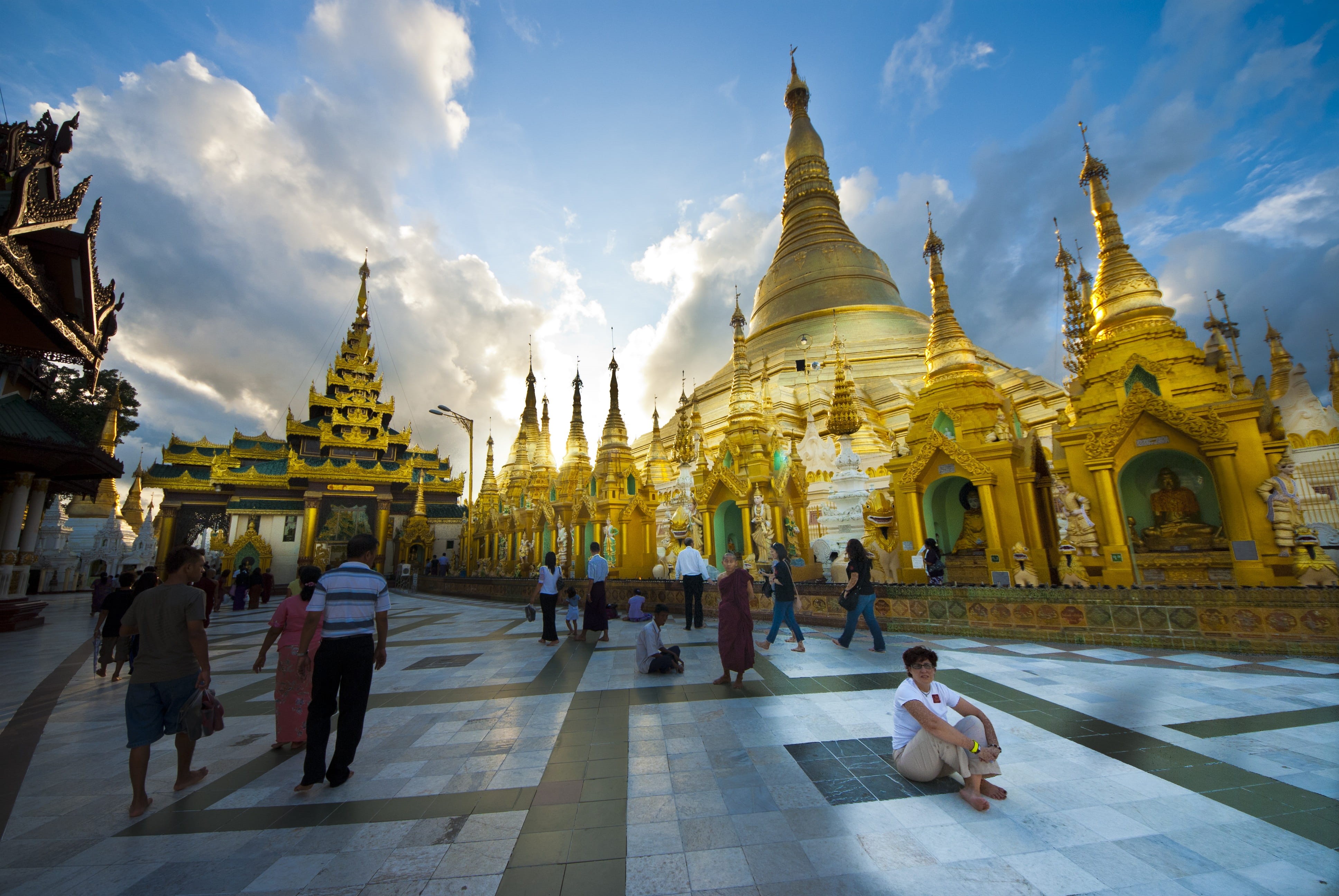 sky, belief, building, yangon, spire, women, built structure, lifestyles, nature, place of worship, real people, spirituality, building exterior, sacred, HD Wallpaper