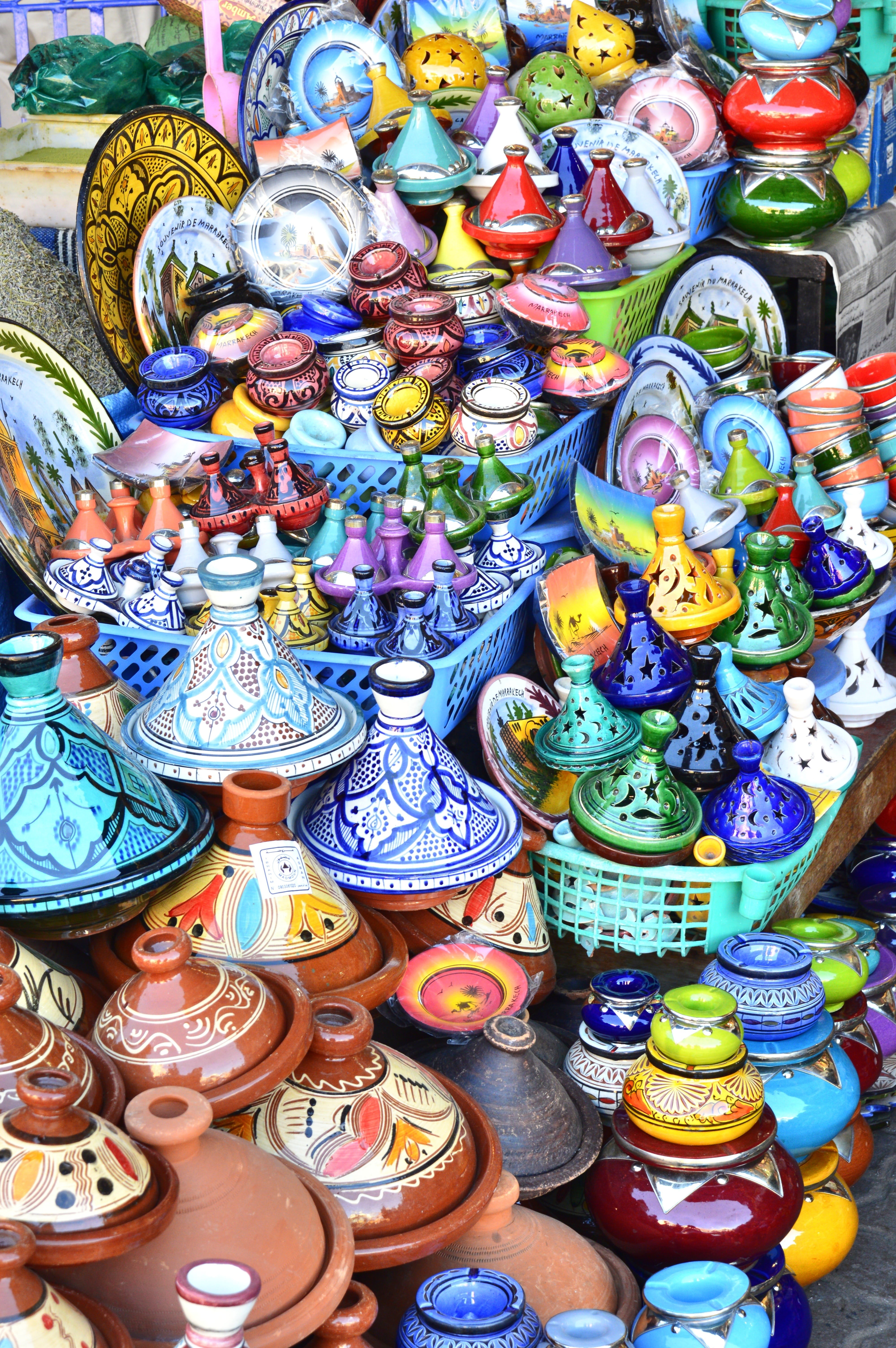 arabic, africa, color, moroccan, traditional, assorted, ceramic, creativity, outdoors, large group of objects, market stall, pottery, tagine, high angle view, Phone HD Wallpaper