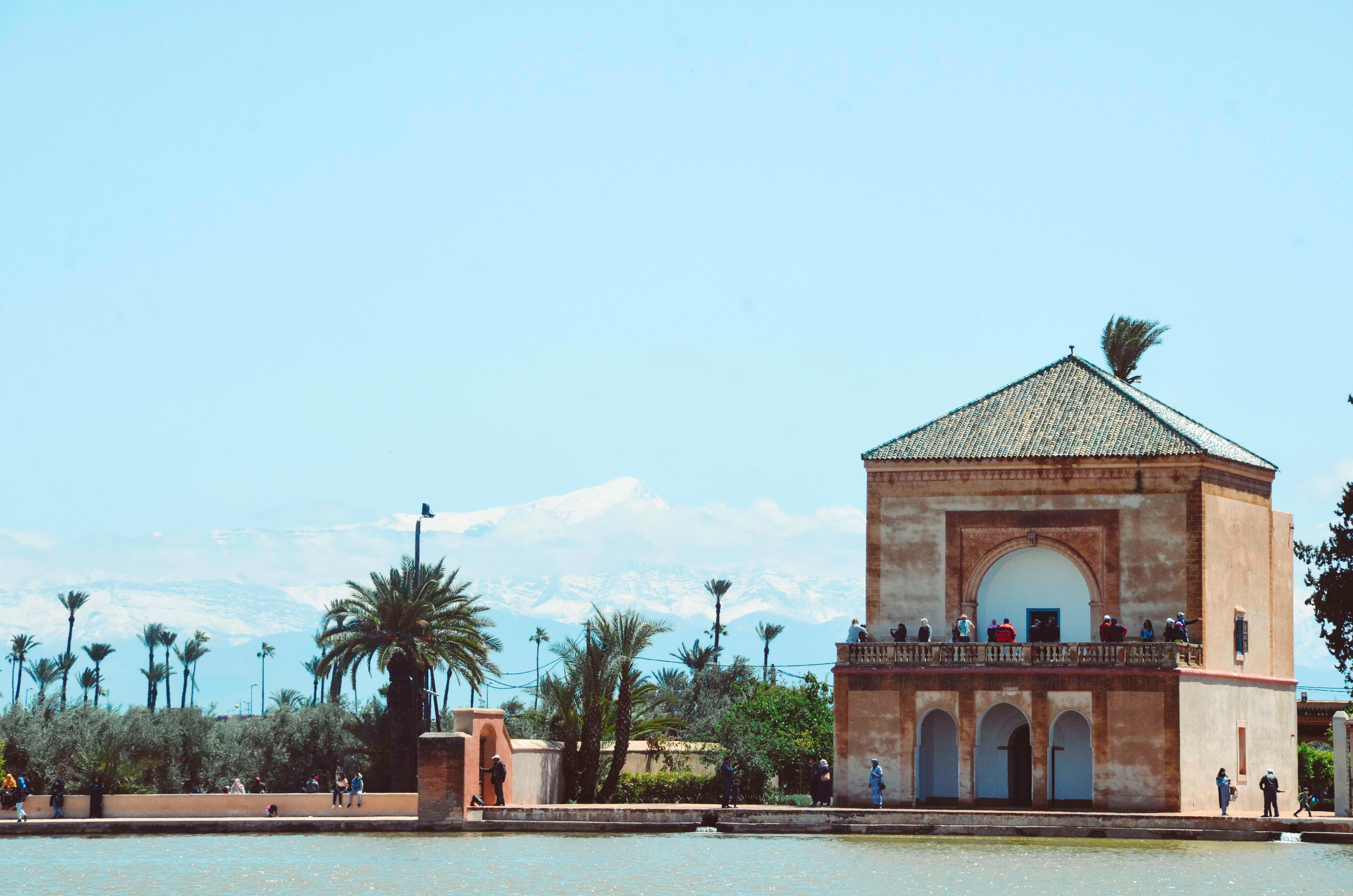 palm tree, 4K, tropical climate, maroc, building, spirituality, history, architecture, marrakesh, morocco, red city, blue sky, the past, place of worship, HD Wallpaper