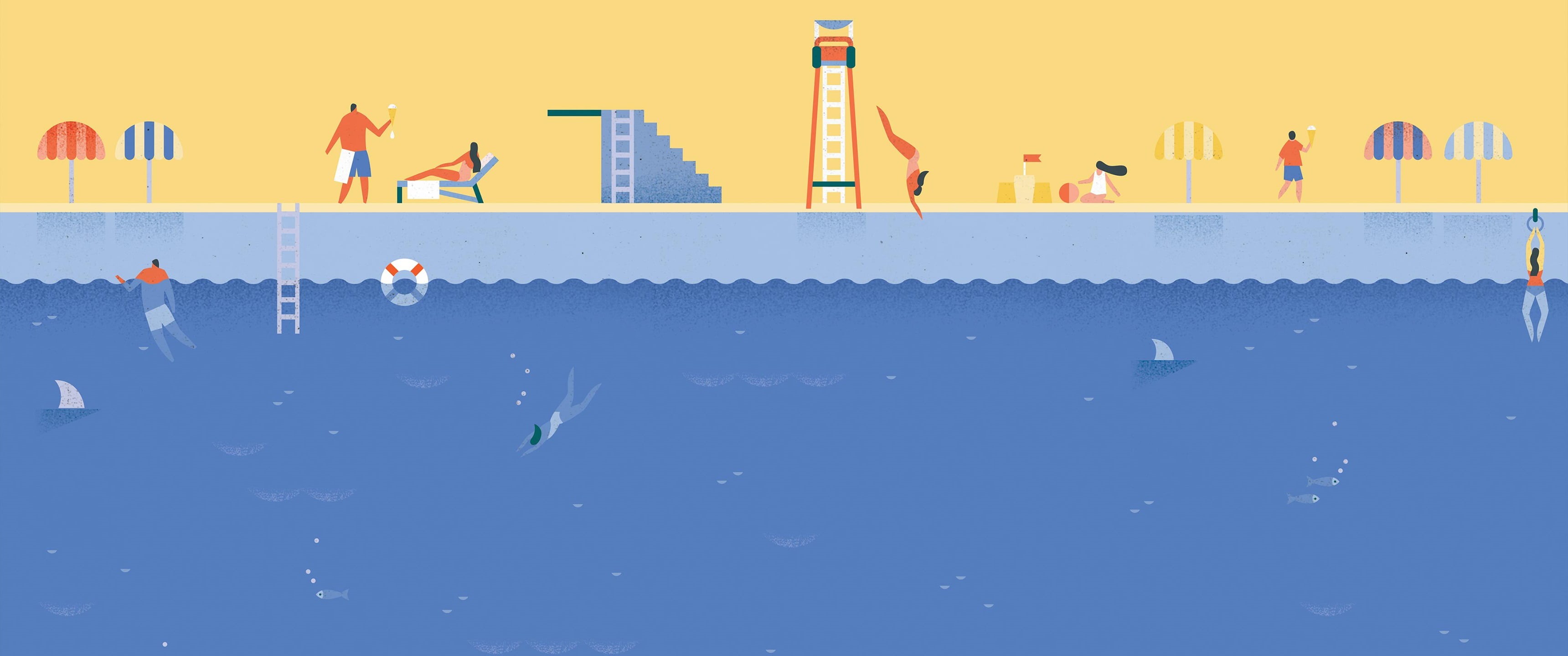 swimming pool, men, blue, swimming, day, group of people, minimalism, childhood, pool, indoors, child, people, motion, copy space, illustration, architecture, HD Wallpaper