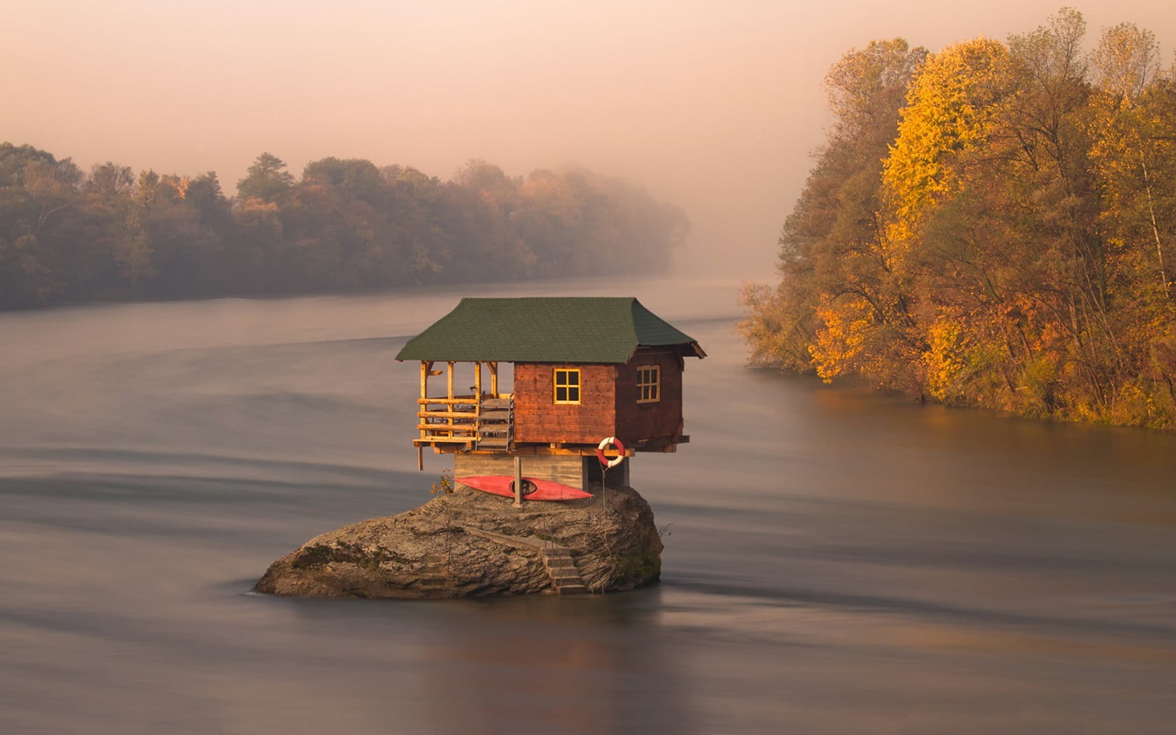 built structure, sky, beauty in nature, wooden, tree, orange color, plant, Serbia, fog, change, tranquility, brown, outdoors, house, building exterior, HD Wallpaper