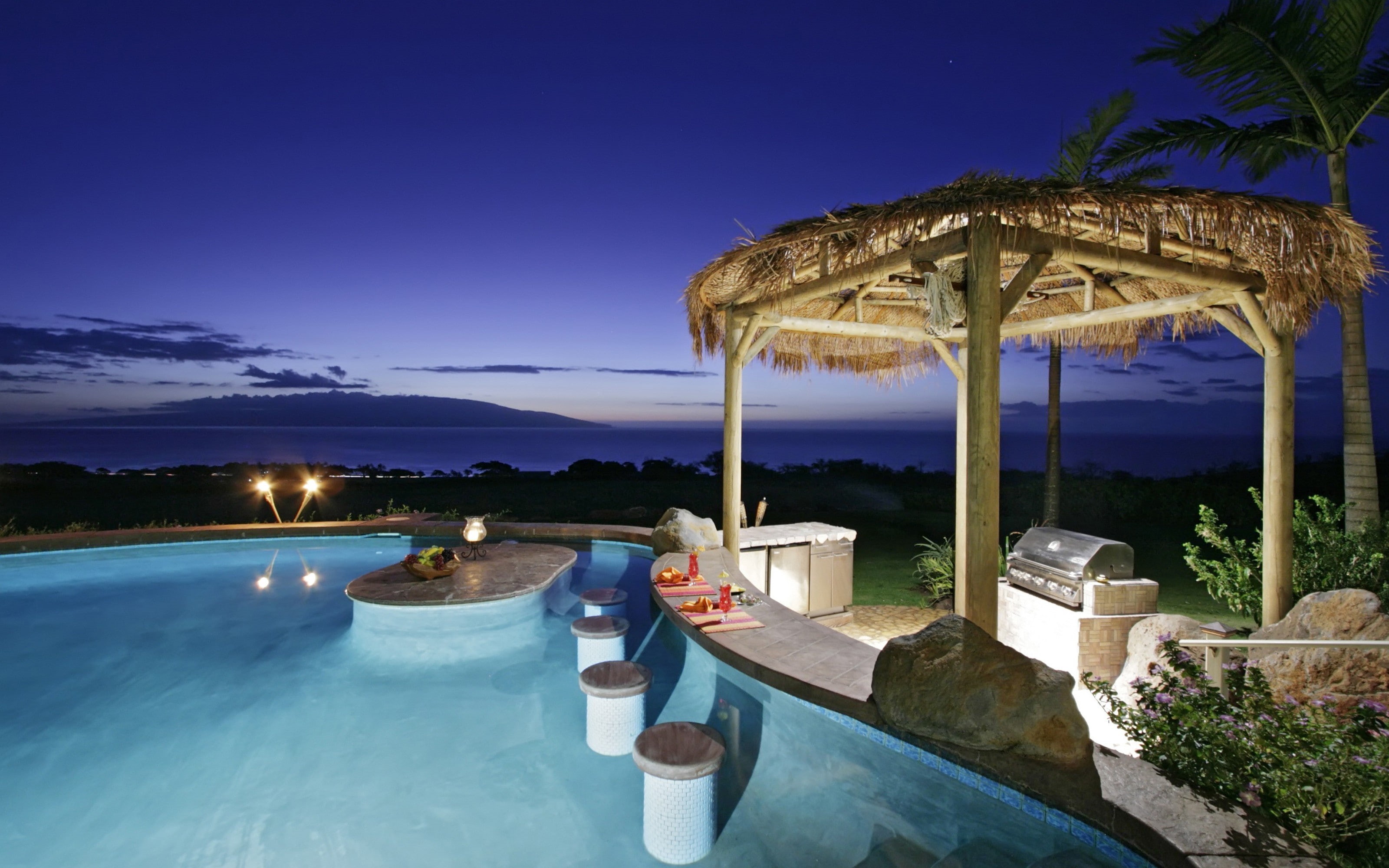 night, swimming pool, 2K, palm trees, HD Wallpaper