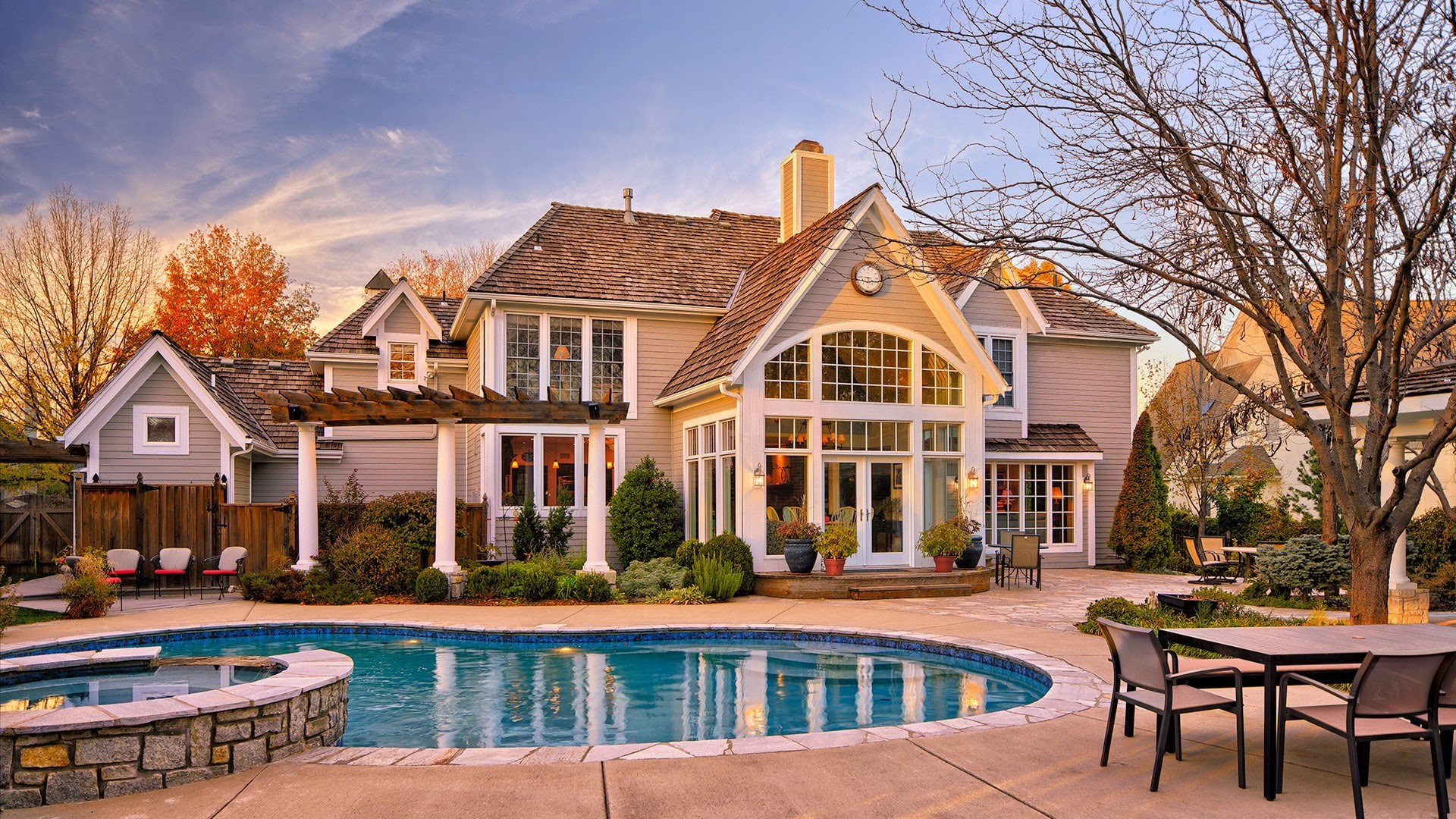 fall, house, 1080P, garden, swimming pool, backyard, HD Wallpaper