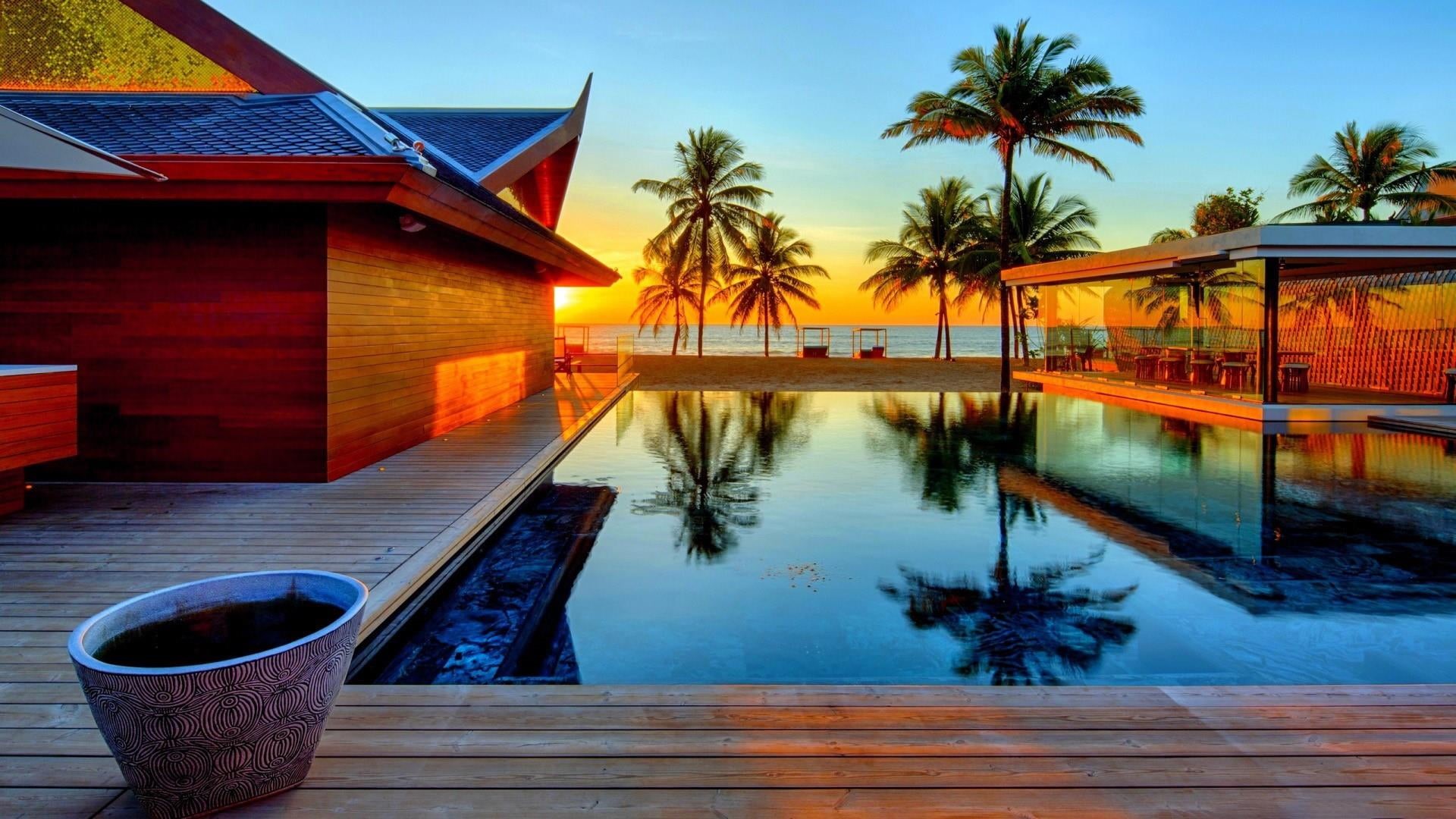 sky, tropical climate, building exterior, pool, built structure, plant, house, 1080P, summer, building, nature, no people, luxury, reflection, buildings, HD Wallpaper