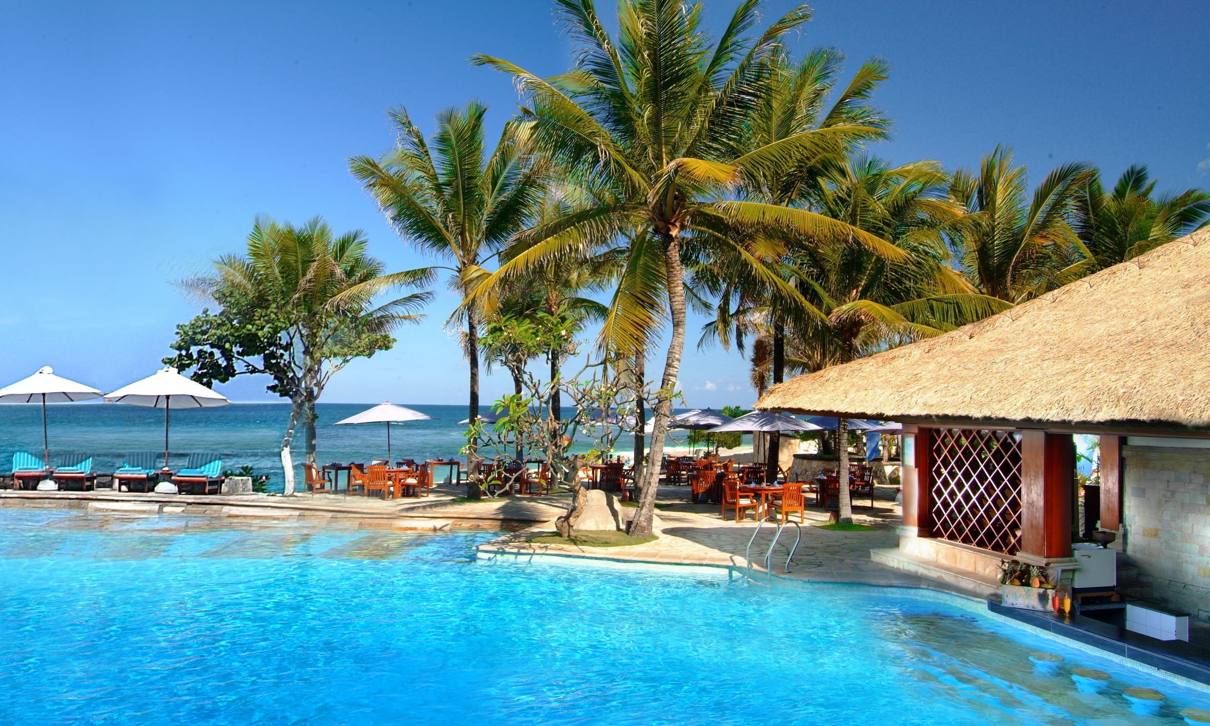 palm trees, sea, 1080P, swimming pool, hotel, HD Wallpaper