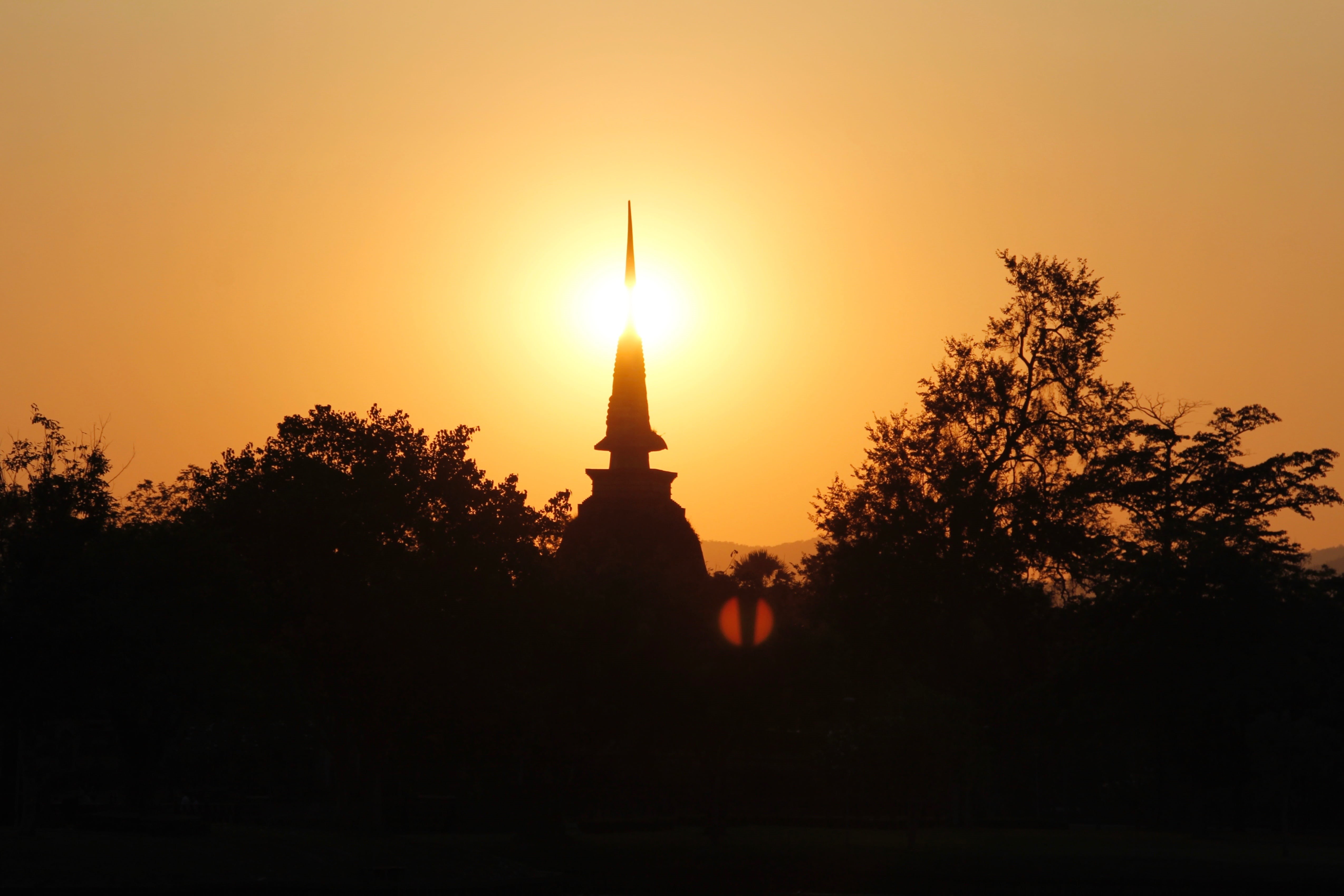 travel, no people, built structure, tourism, sunset, tomb, spire, s, tree, sky, the past, sun, temple complex, silhouette, monument, religion, plant, sunlight, HD Wallpaper