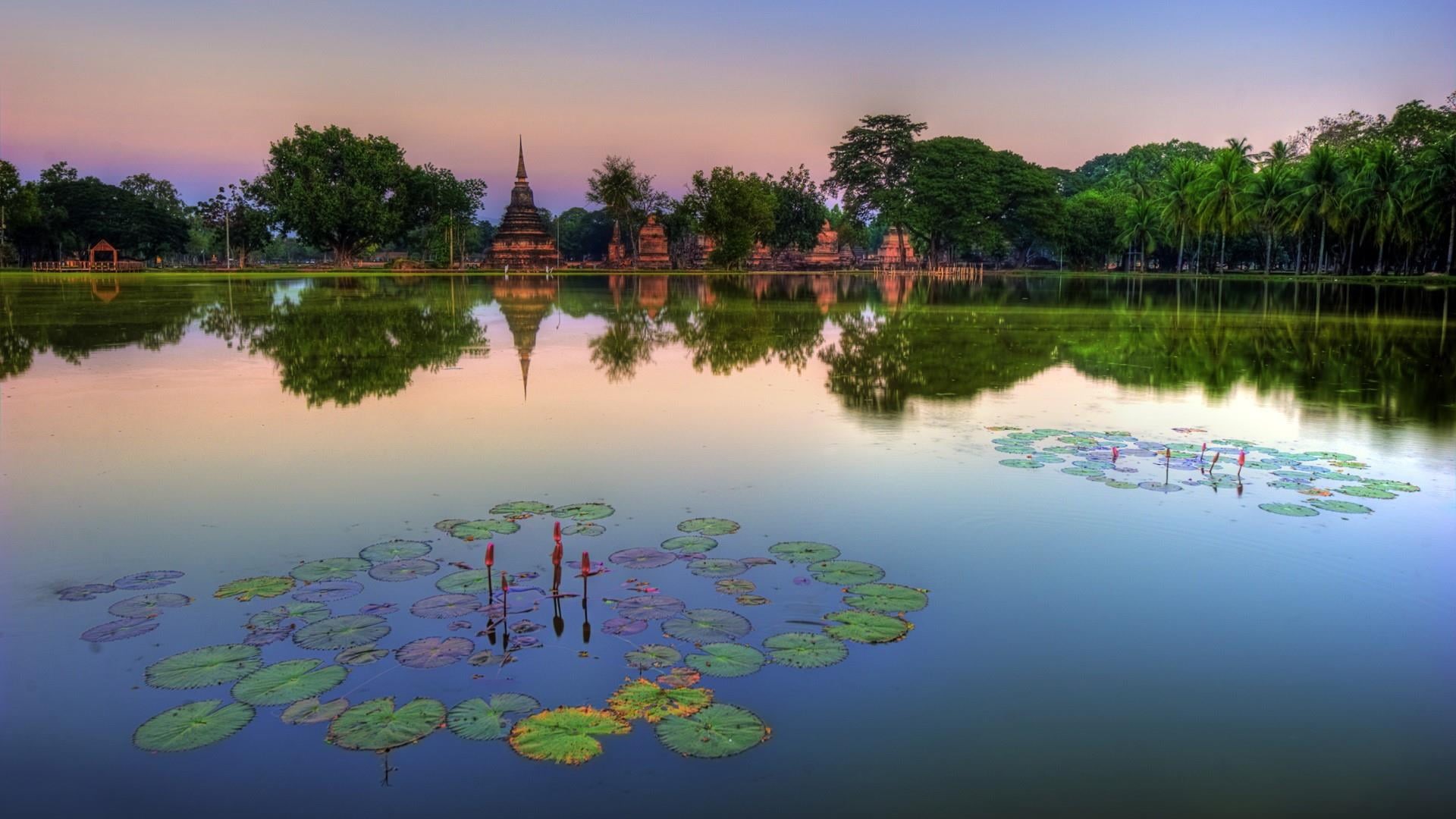sukhothai historical park, scenics - nature, lake, idyllic, tranquility, 1080P, no people, sukhothai, green color, day, built structure, tranquil scene, HD Wallpaper