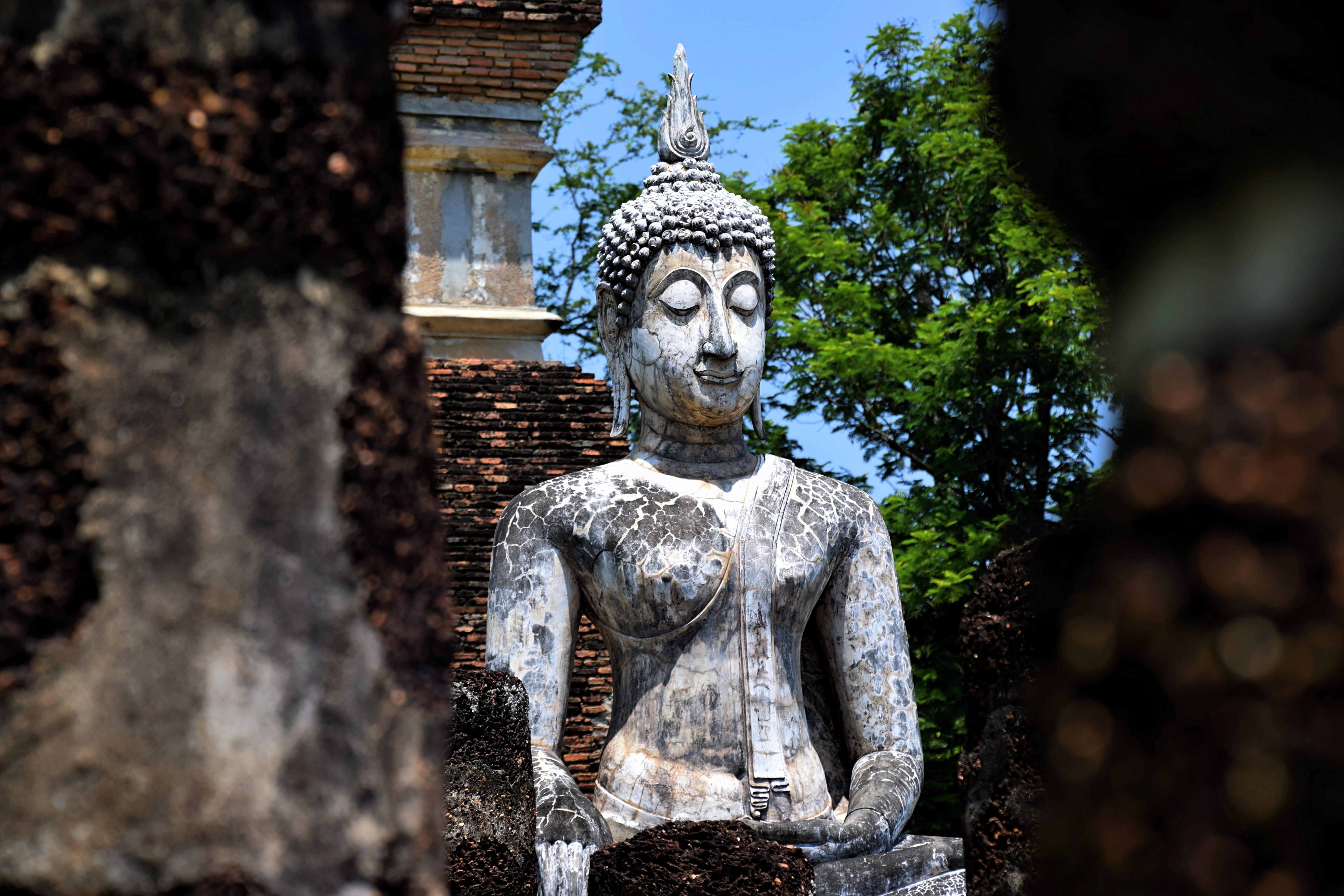 sculpture, built structure, spirituality, religious, ornate, travel, buddhism, statue, blue, landscape, natural, creativity, human representation, male likeness, HD Wallpaper