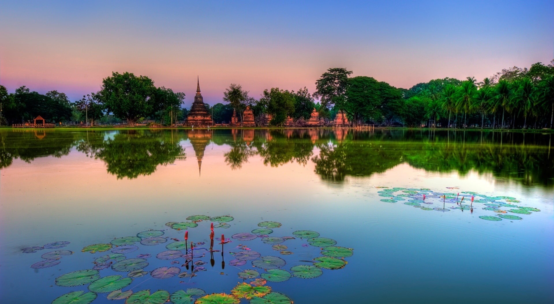 water, lake, built structure, Asia, travel destinations, sky, sukhothai, tranquility, building exterior, sunset, tranquil scene, 1080P, outdoors, trees, HD Wallpaper