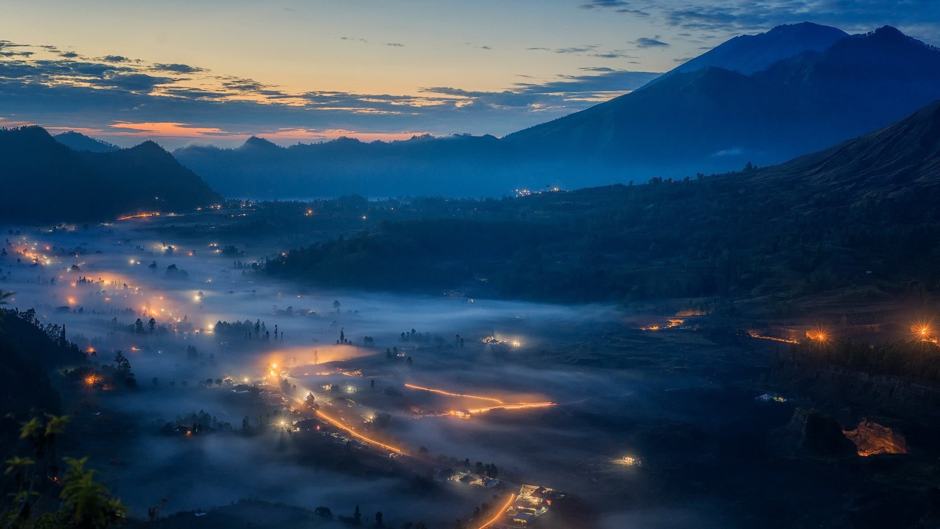 scenics - nature, landscape, tranquil scene, city, indonesia, no people, cloud - sky, misty, outdoors, 1080P, fog, illuminated, architecture, sunset, night, HD Wallpaper