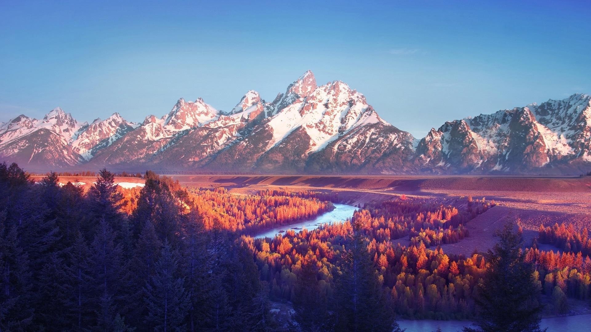 mountains, tetons, nature and landscapes, river, 1080P, pink, forest, gr, snake, hue, HD Wallpaper
