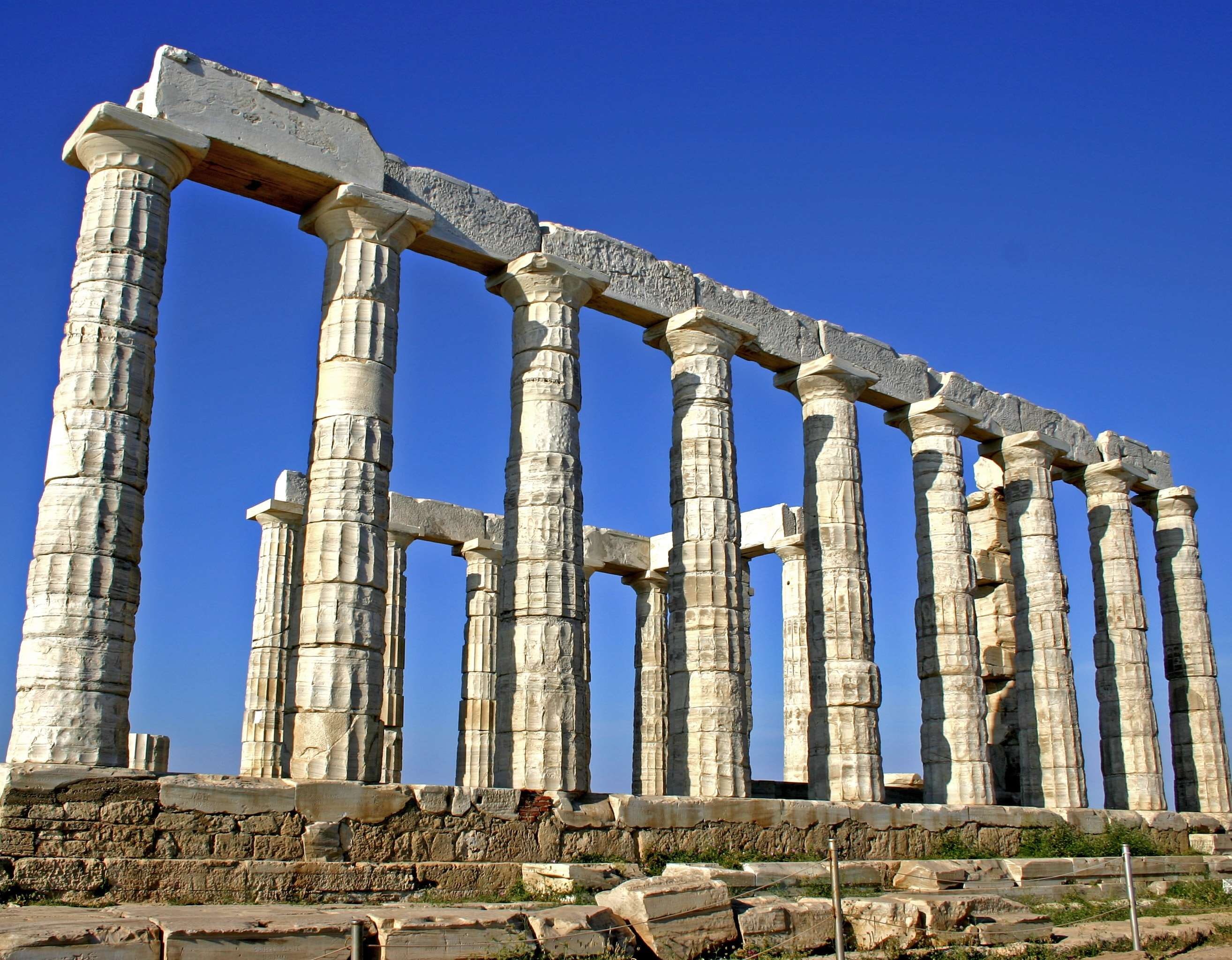 colonnade, architectural column, ruins, run-down, ancient, clear sky, old ruin, no people, ancient civilization, nature, temple of poseidon, deterioration, HD Wallpaper