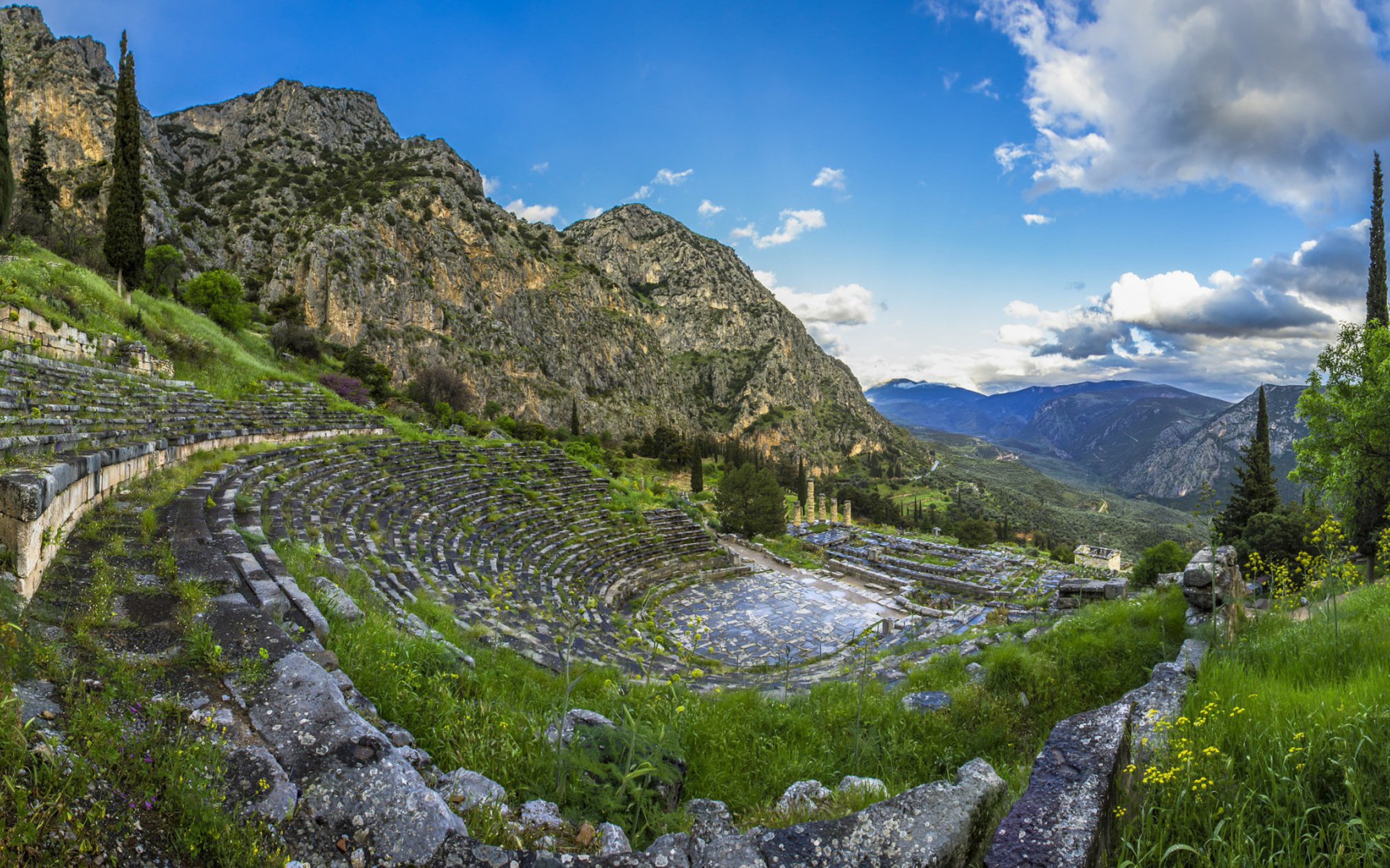 greece, grass, Mountain, 4K, delphi backgrounds, sky, HD Wallpaper