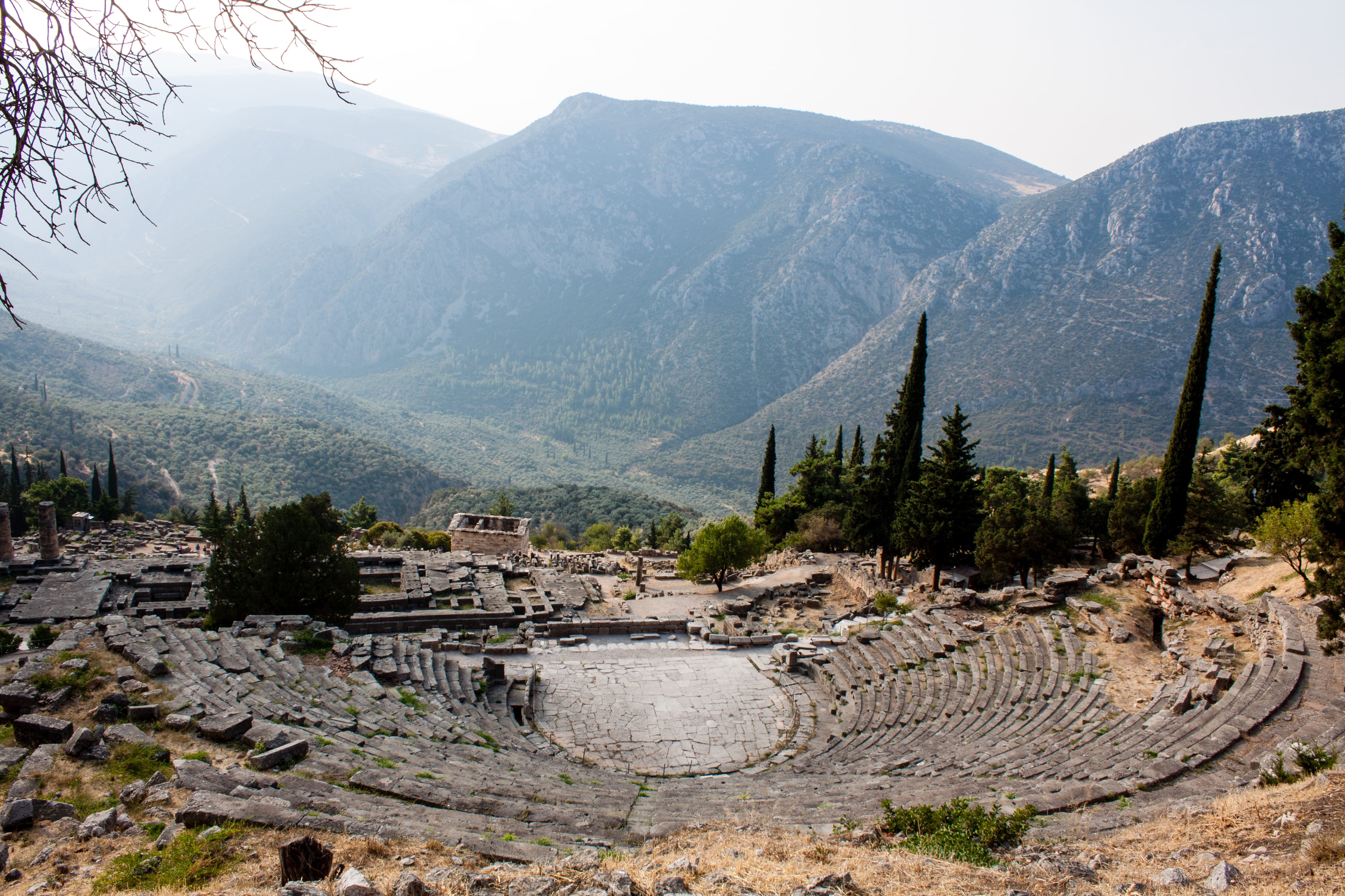ancient civilization, theatre, tourism, tree, ruined, ruins, no people, summer, mountain, nature, scenery, plant, travel, the past, museum, day, archaeology, HD Wallpaper