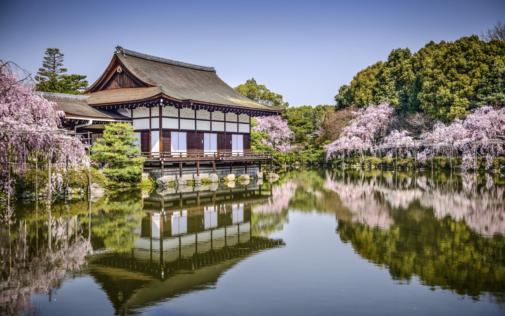 tree, waterfront, no people, brown, reflection, architecture, house, religion, built structure, 720P, pond, kyoto, heian, outdoors, World, Japan, building, HD Wallpaper