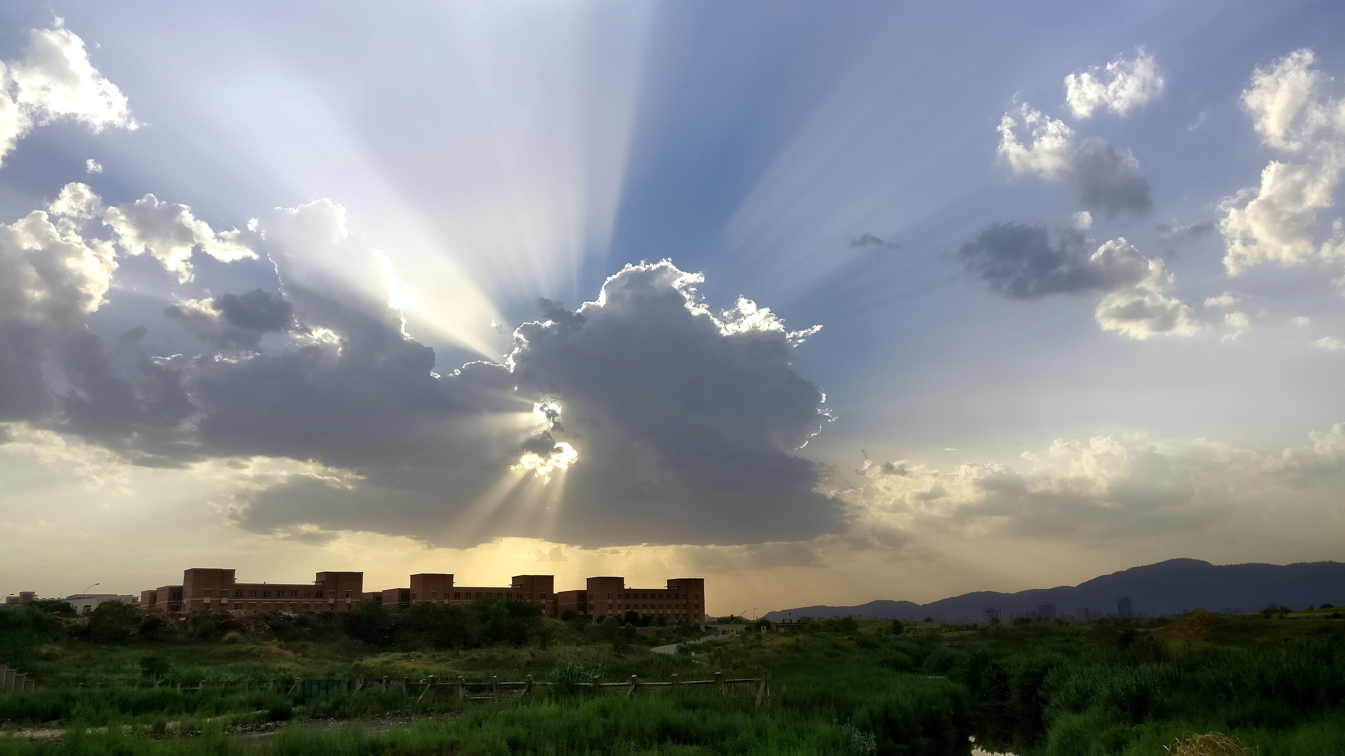 sun, brightly lit, sunset, cloud - sky, cloudy, 4K, nature, tranquility, landscape, light, environment, bright, weather, atmosphere, scenics - nature, HD Wallpaper