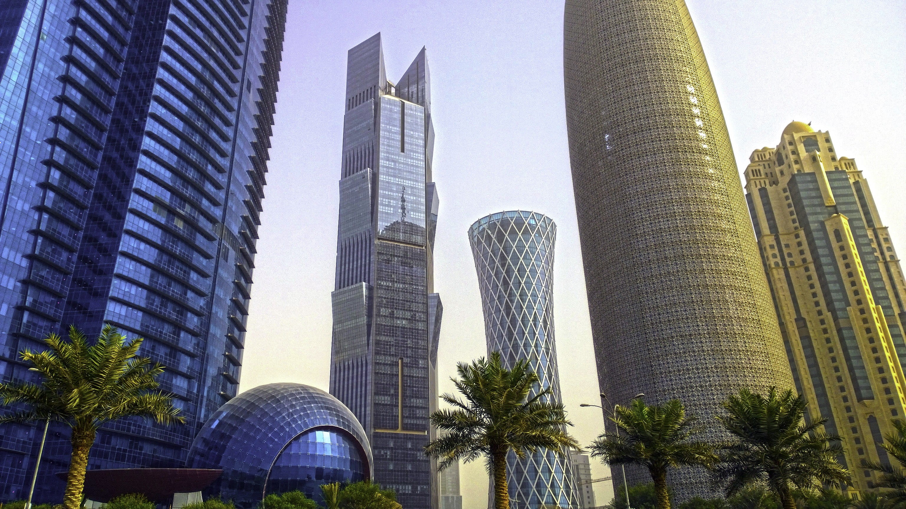 west, travel destinations, West Bay, blue, sky, Qatar, low angle view, tall - High, office building exterior, architecture And Buildings, urban Skyline, HD Wallpaper