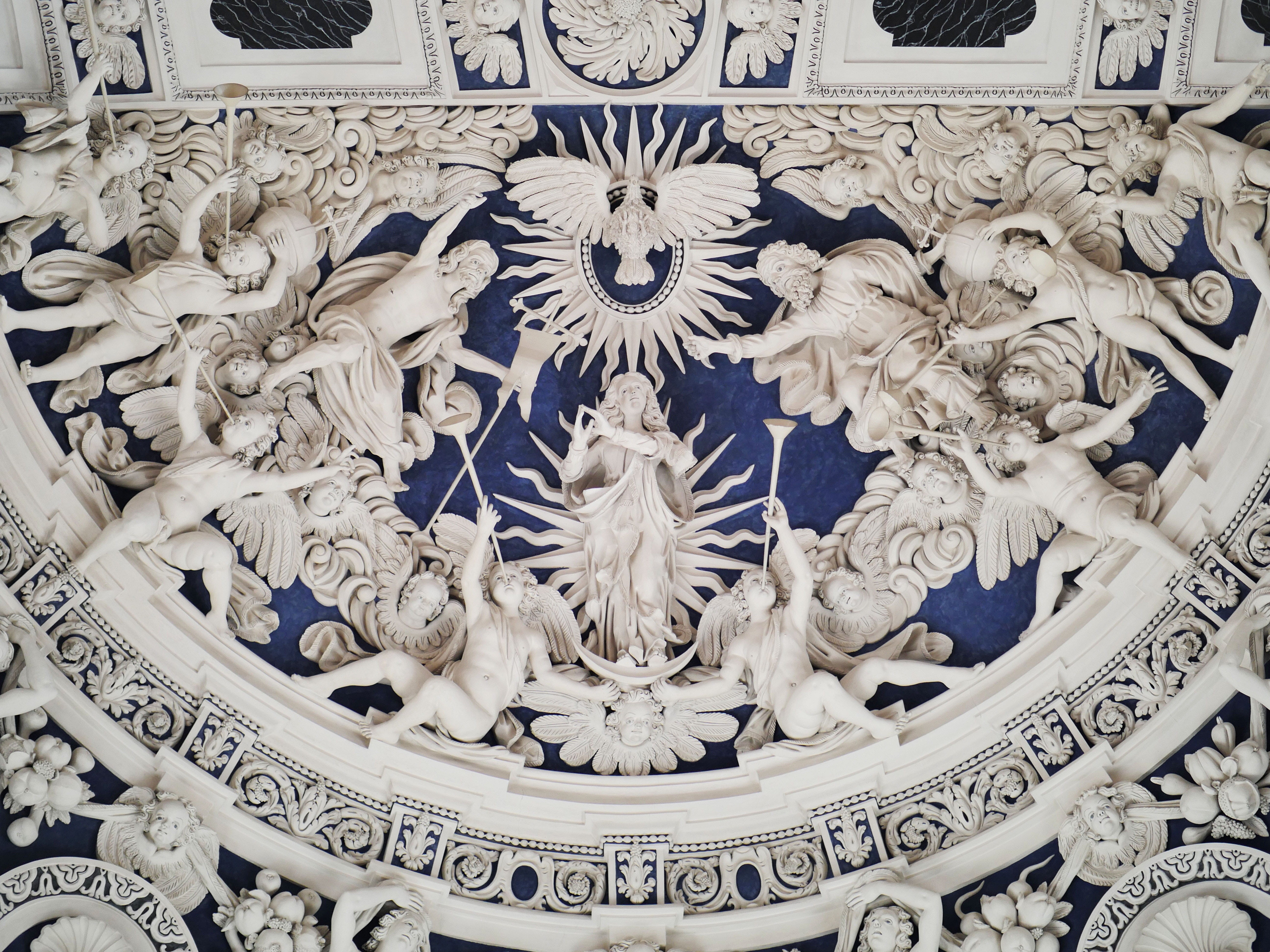 mural, chapel, white, ornate, directly below, place of worship, blue, architecture, low angle view, ceiling, faith, close-up, relief, floral pattern, human representation, HD Wallpaper