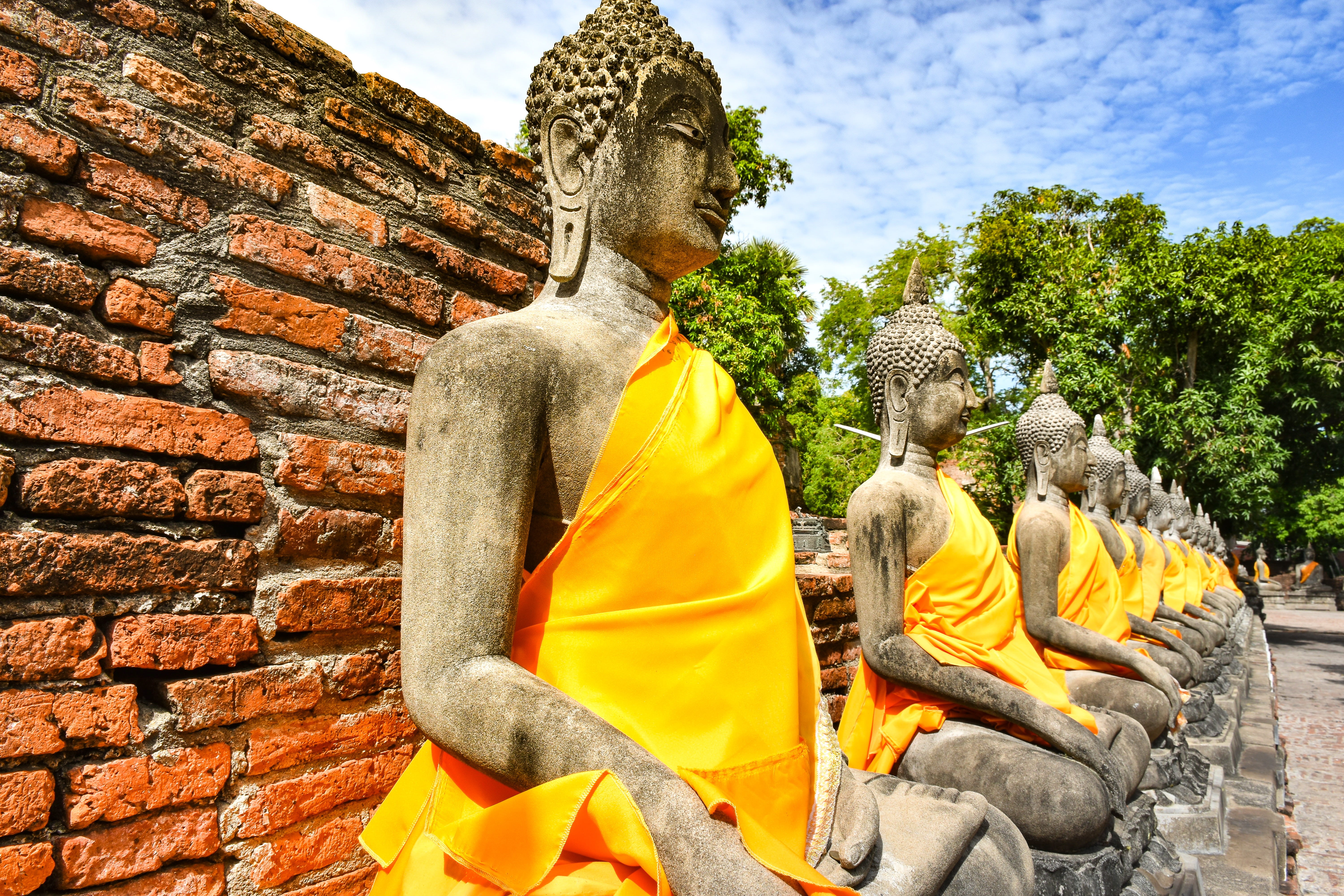 place of worship, spirituality, statue, yellow, ayutthaya historical park, art and craft, architecture, male likeness, human representation, no people, HD Wallpaper