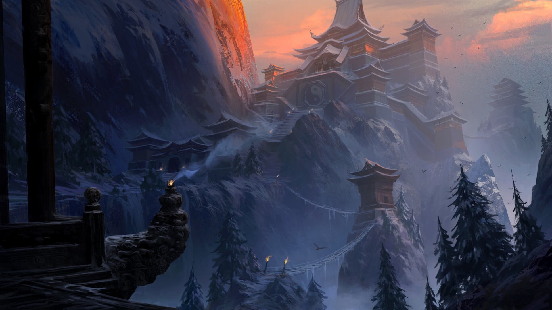 Fantasy, Temple, 1080P, Buddhist Temple, Landscape, Snow, HD Wallpaper