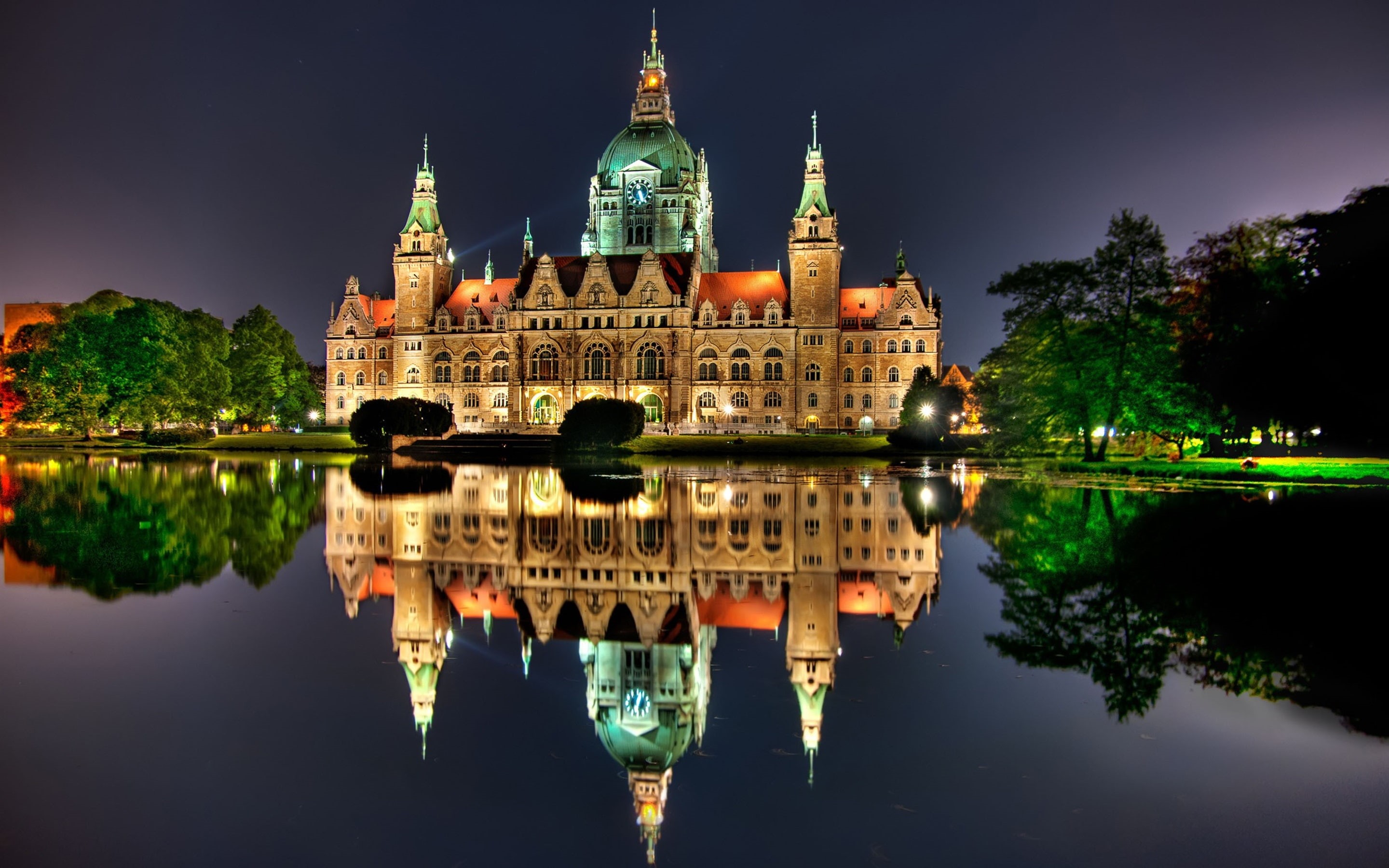 Germany, 2K, Lights, Hannover, Night, Water, House, Reflection, HD Wallpaper