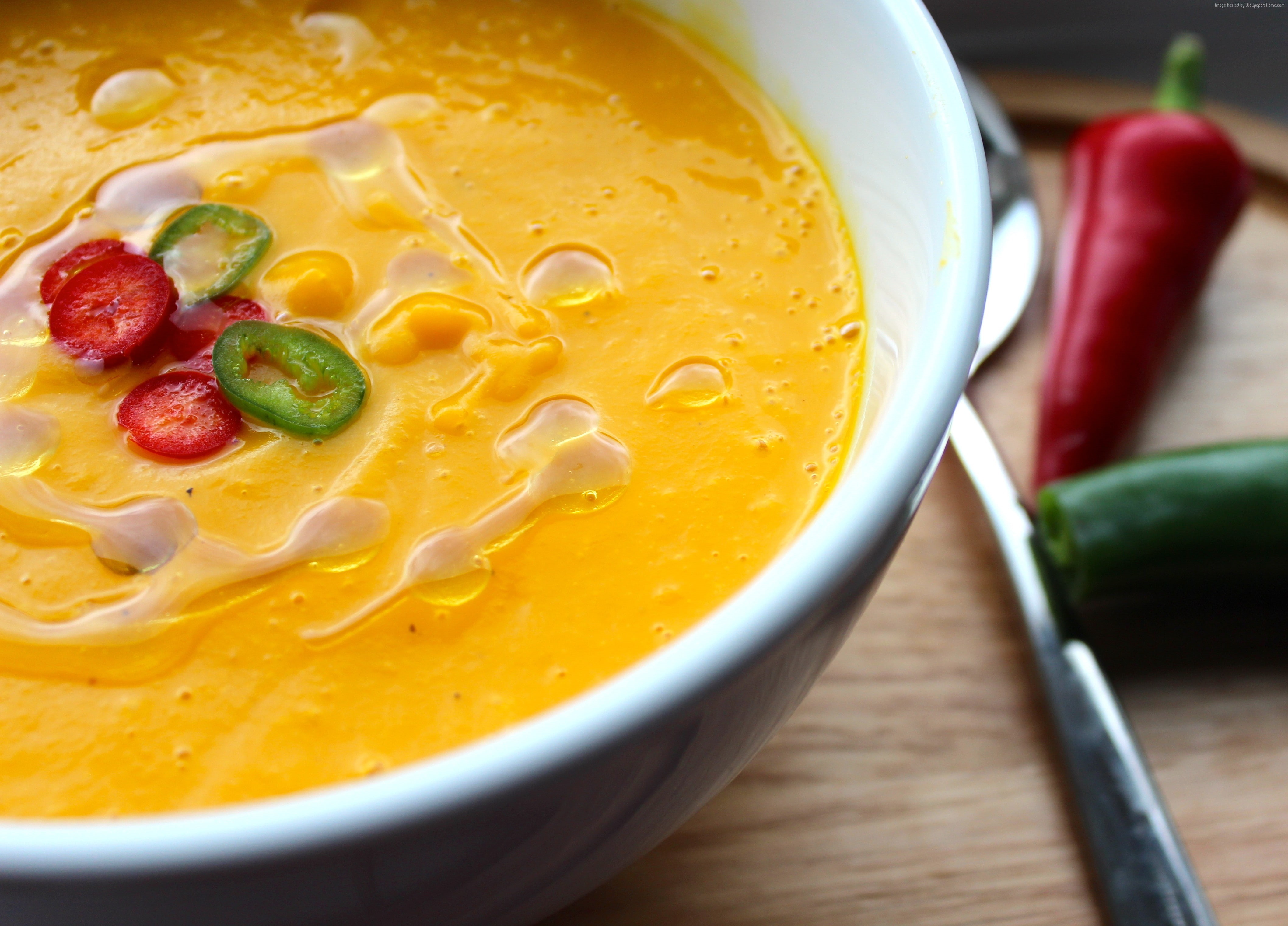 vegetable, 4K, cream, kitchen utensil, sour cream, food and drink, fruit, vegetable soup, food, freshness, temptation, soup, high angle view, spoon, wellbeing, HD Wallpaper