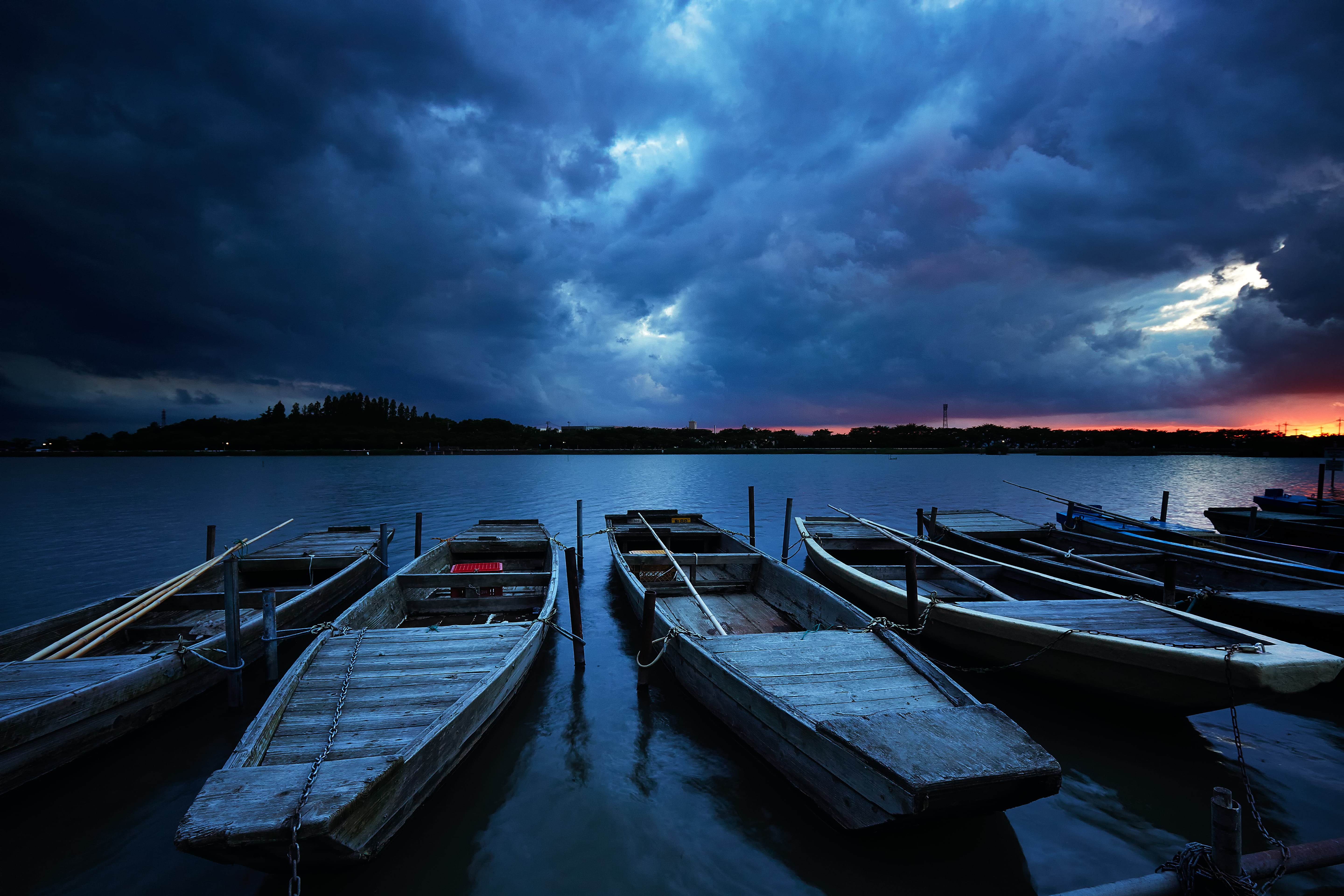 body, row boats, Kawagoe, five, sunset, brown, dusk, boats, 日本, body of water, sky, row, jetty, Calm Before the Storm, Canon, nature, tranquil Scene, clouds, HD Wallpaper