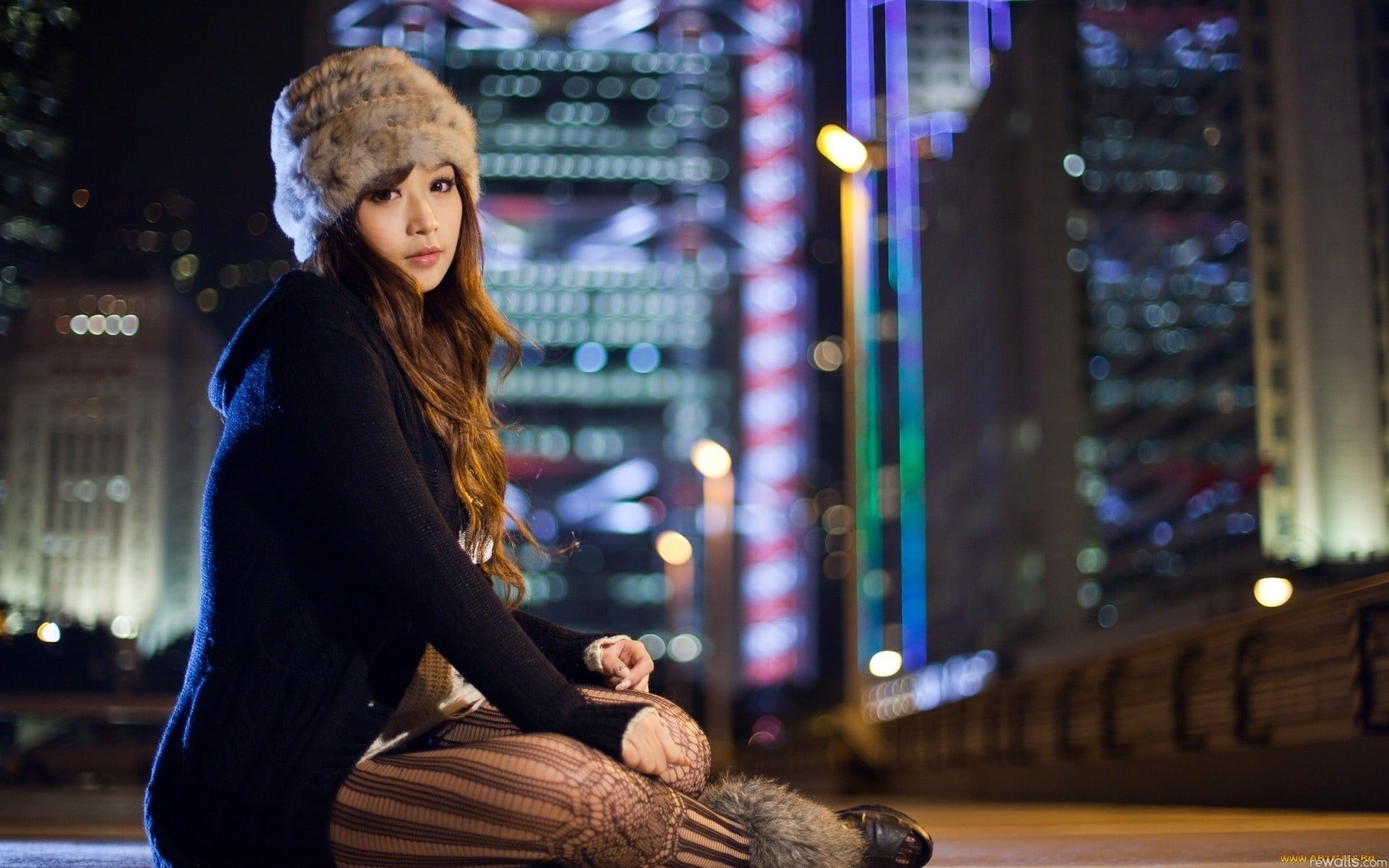 beautiful woman, night, Asian, wearing, adult, three quarter length, women outdoors, 1080P, looking, model, illuminated, hair, gray, sitting, architecture, HD Wallpaper