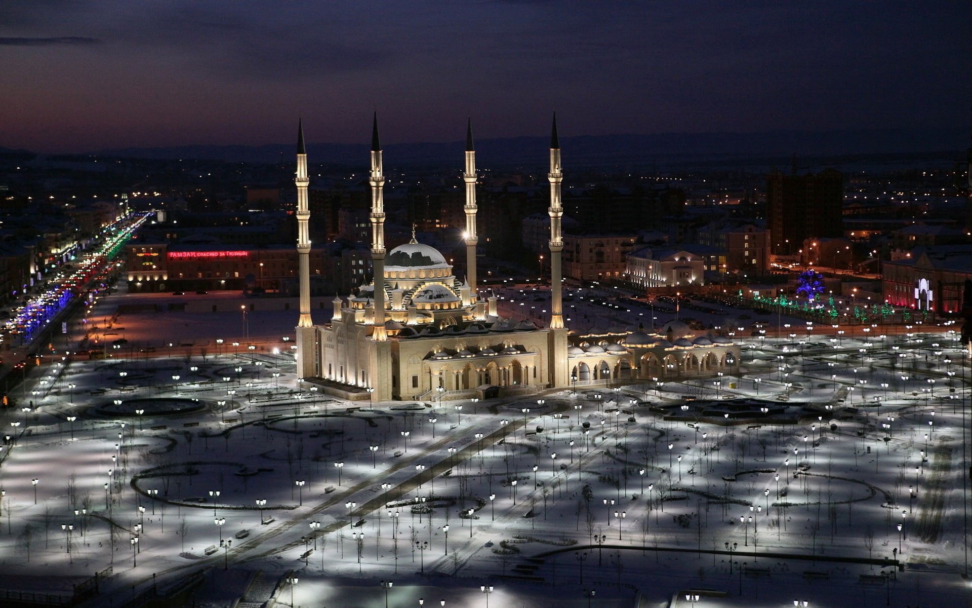 river, nature, illuminated, lights, islam, blue, sky, minaret, travel, urban Scene, tower, spirituality, office building exterior, chechnya, religion, white, HD Wallpaper
