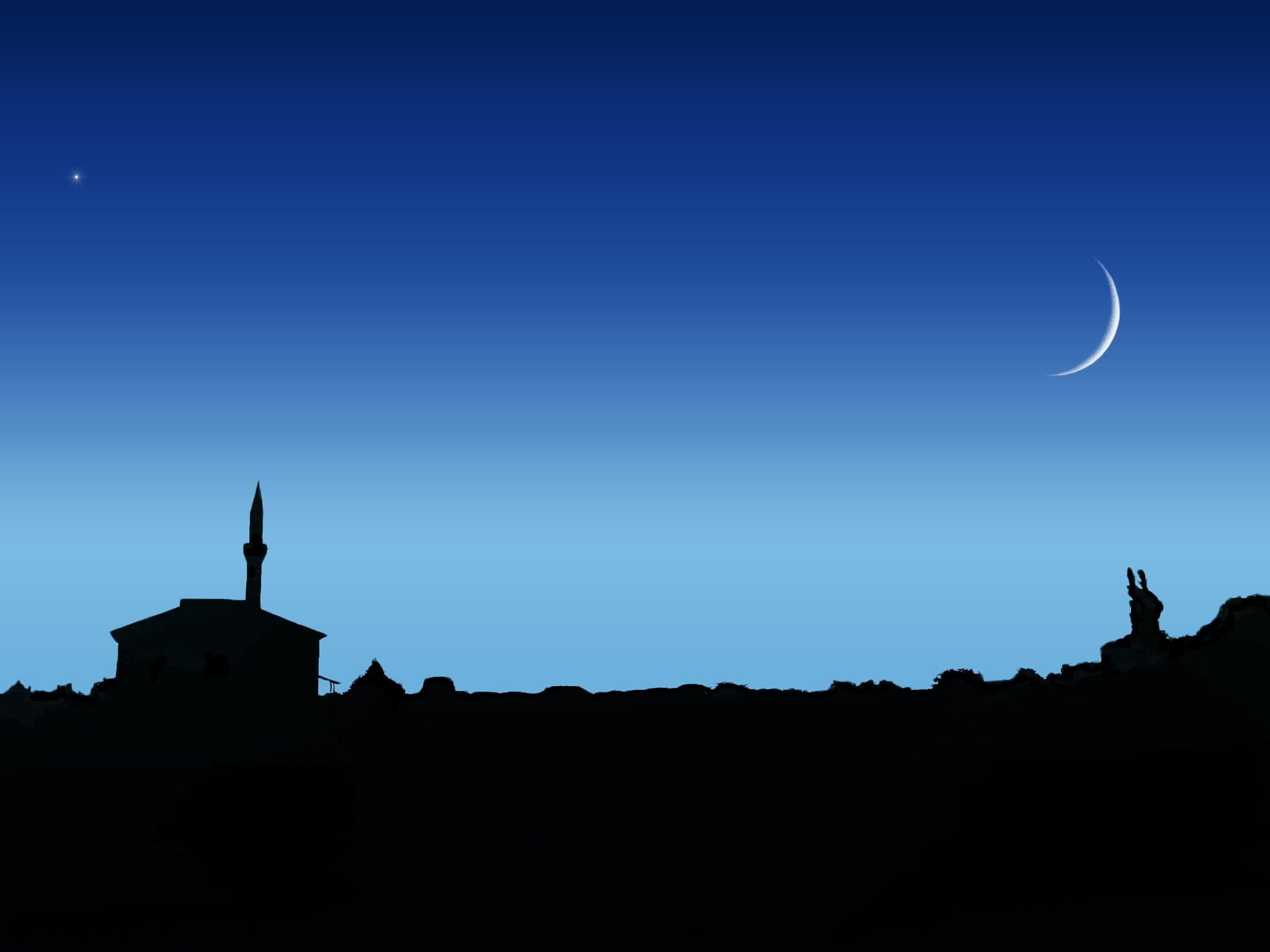 back Lit, the sky, urban Scene, vector, silhouette, city, architecture, sunset, crescent, built Structure, dark, nature, church, the moon, 1080P, tower, HD Wallpaper